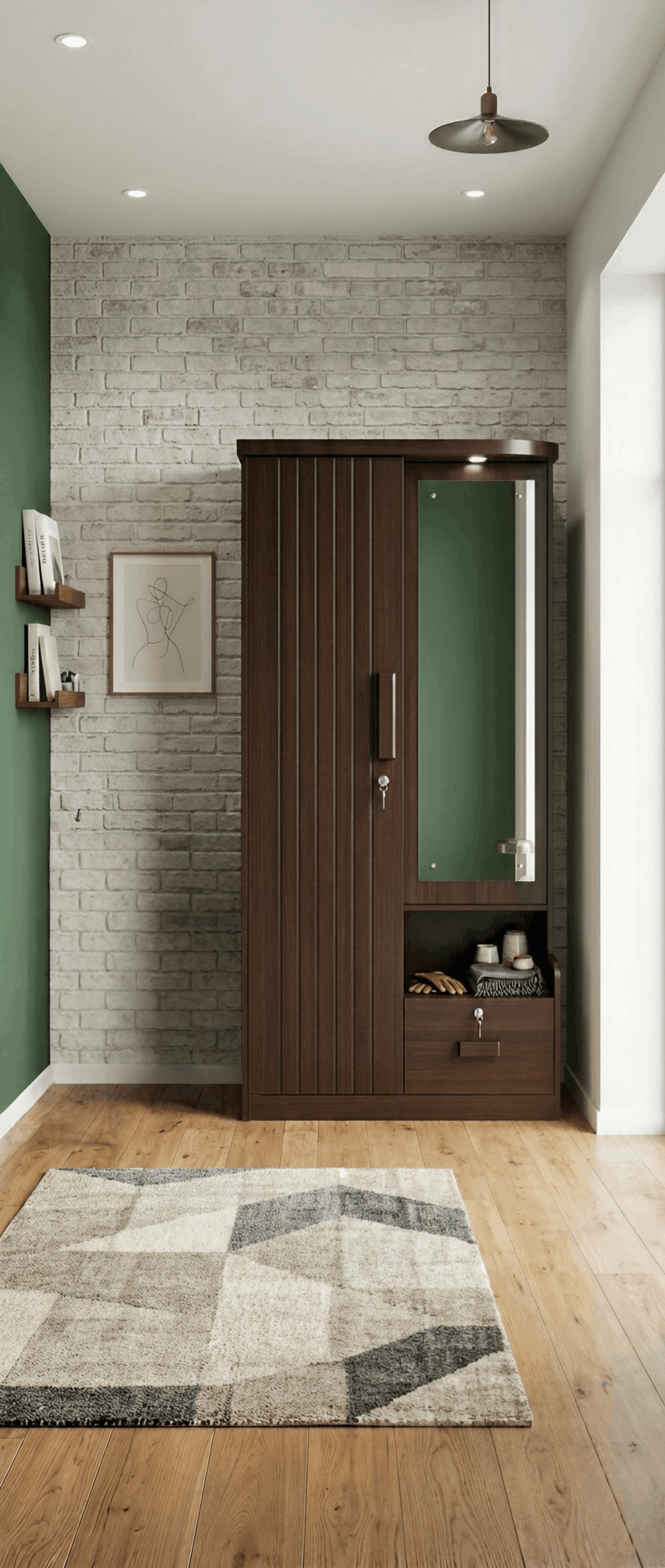 Modern Walnut Wardrobe with Fluted Door, Spotlit Mirror Panel & Open Display Niche