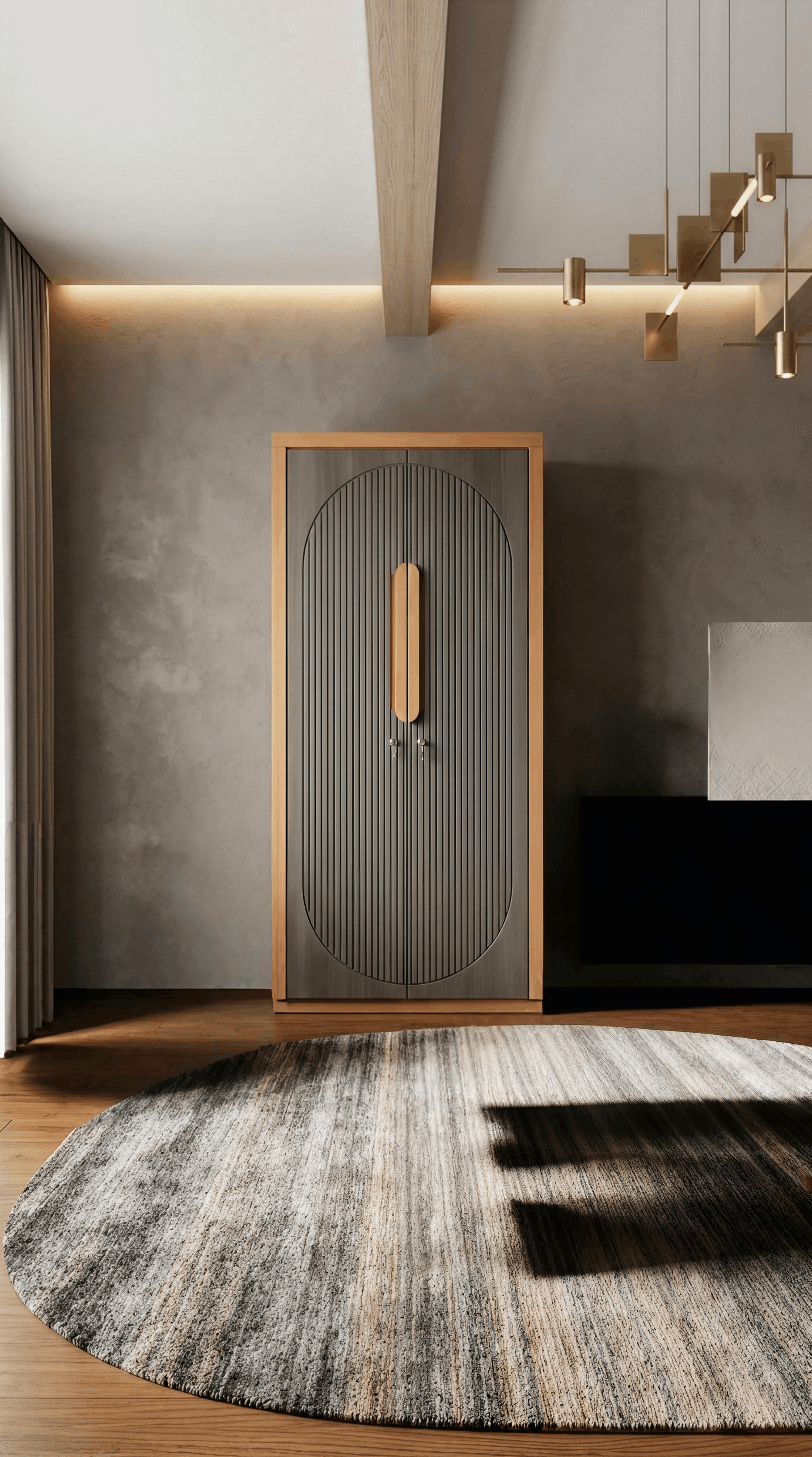 Scandinavian Oak & Grey Ribbed 2-Door Wardrobe with Arched Panel Design