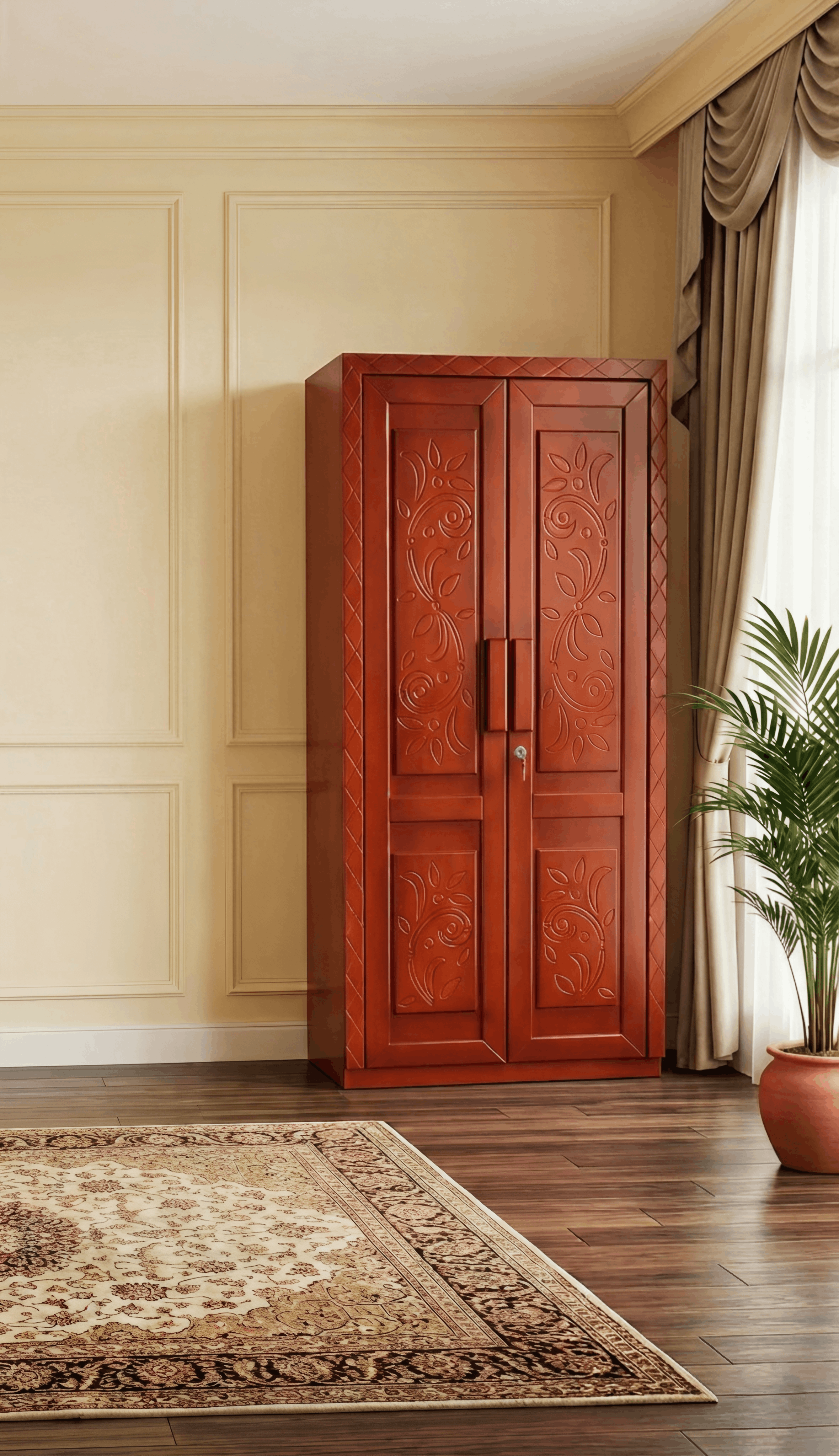 Crimson Floral Carved Wardrobe