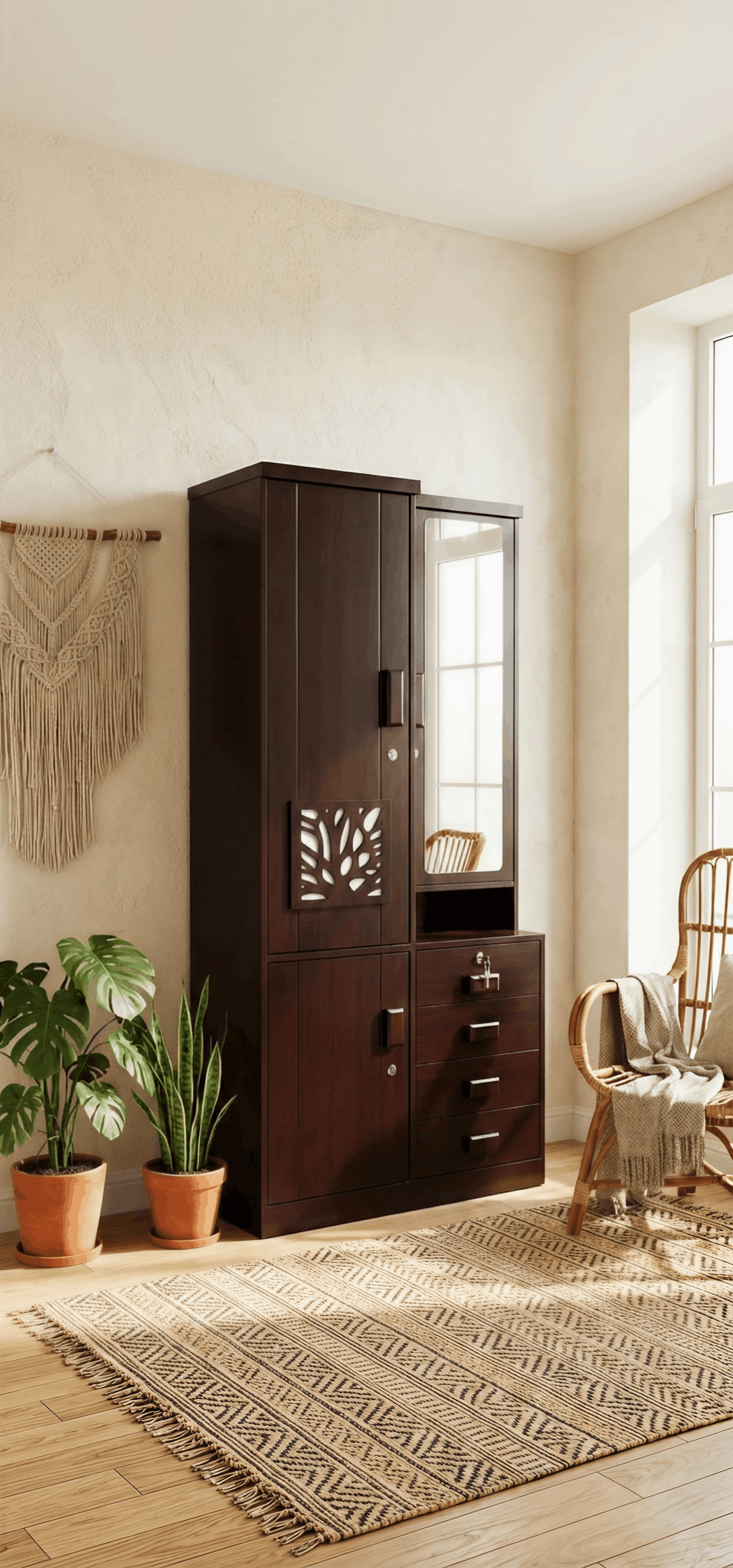 Dark Walnut Wardrobe with Mirror & Drawers