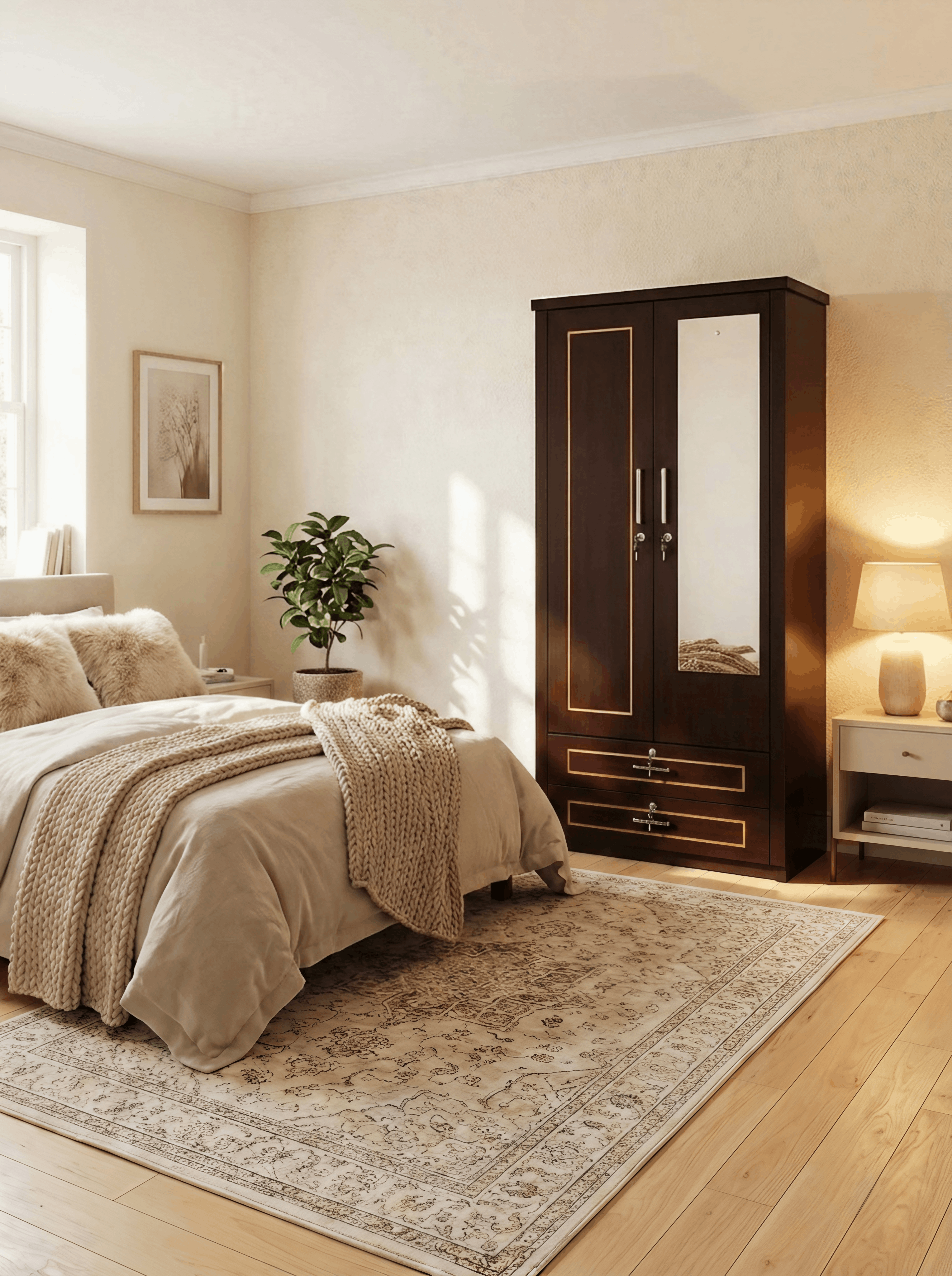 Espresso Wardrobe with Gold Trim & Mirror