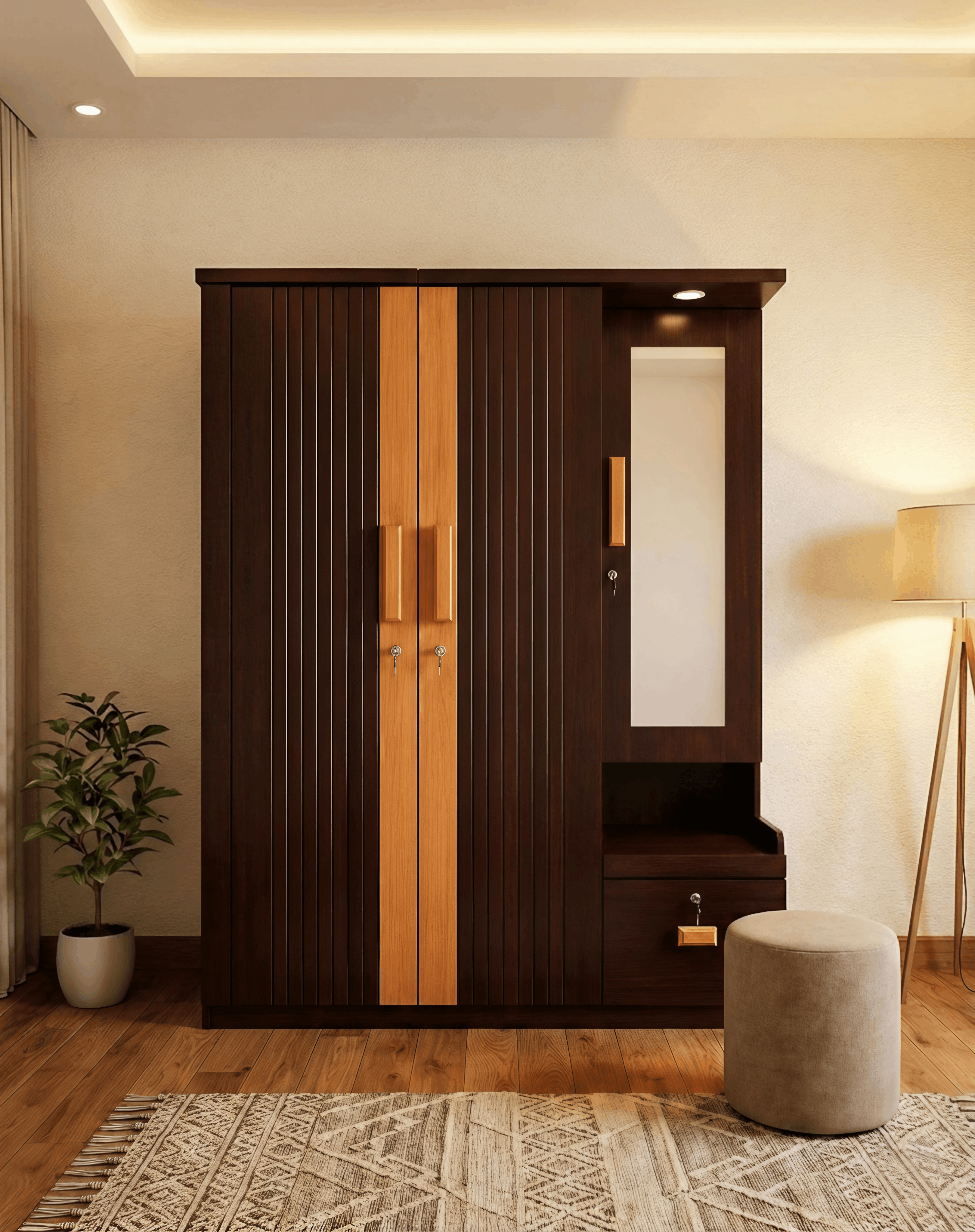 Fluted Two-Tone Wardrobe with Mirror Unit