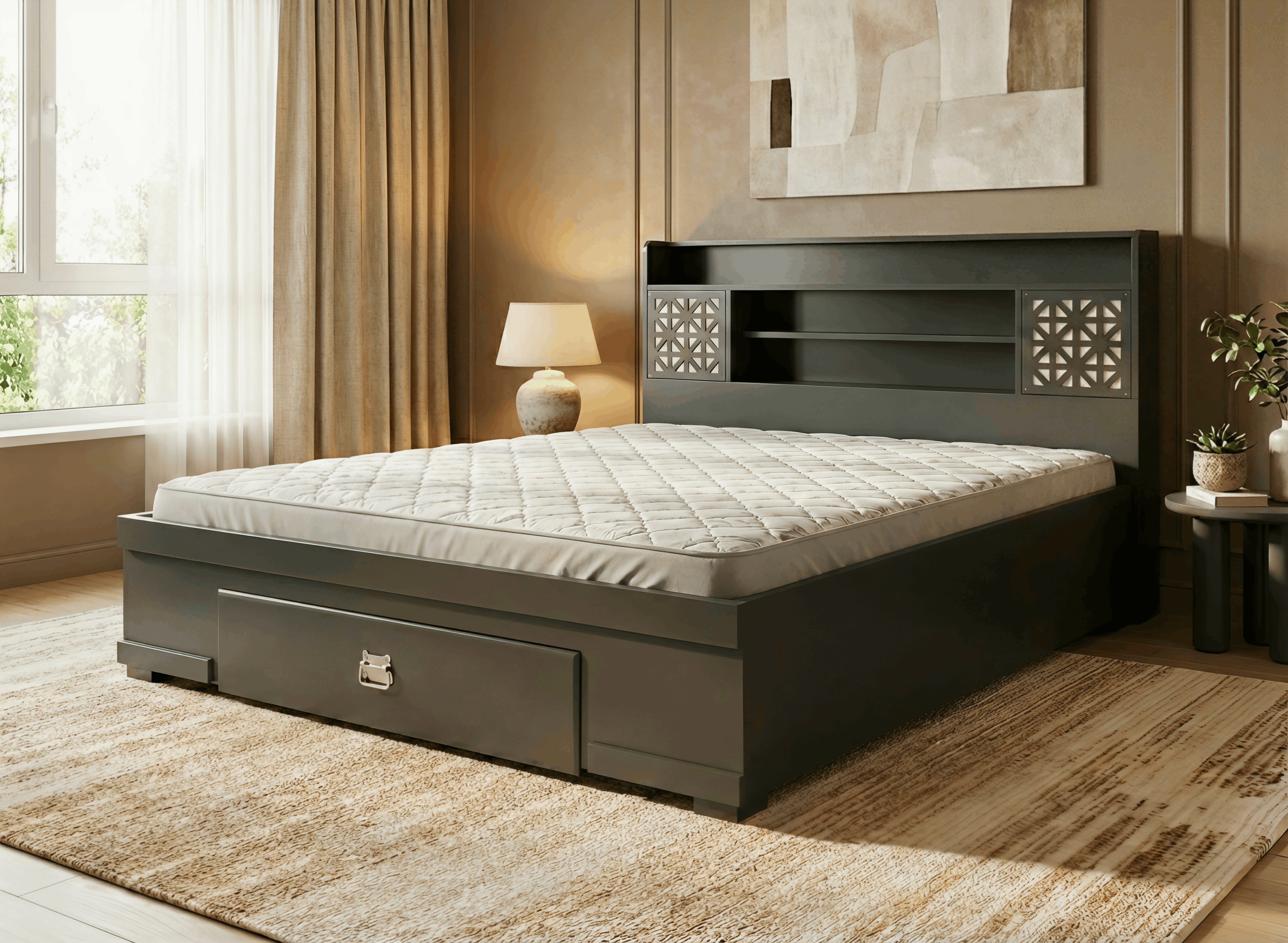 Storage Bed with Lattice Headboard Shelf