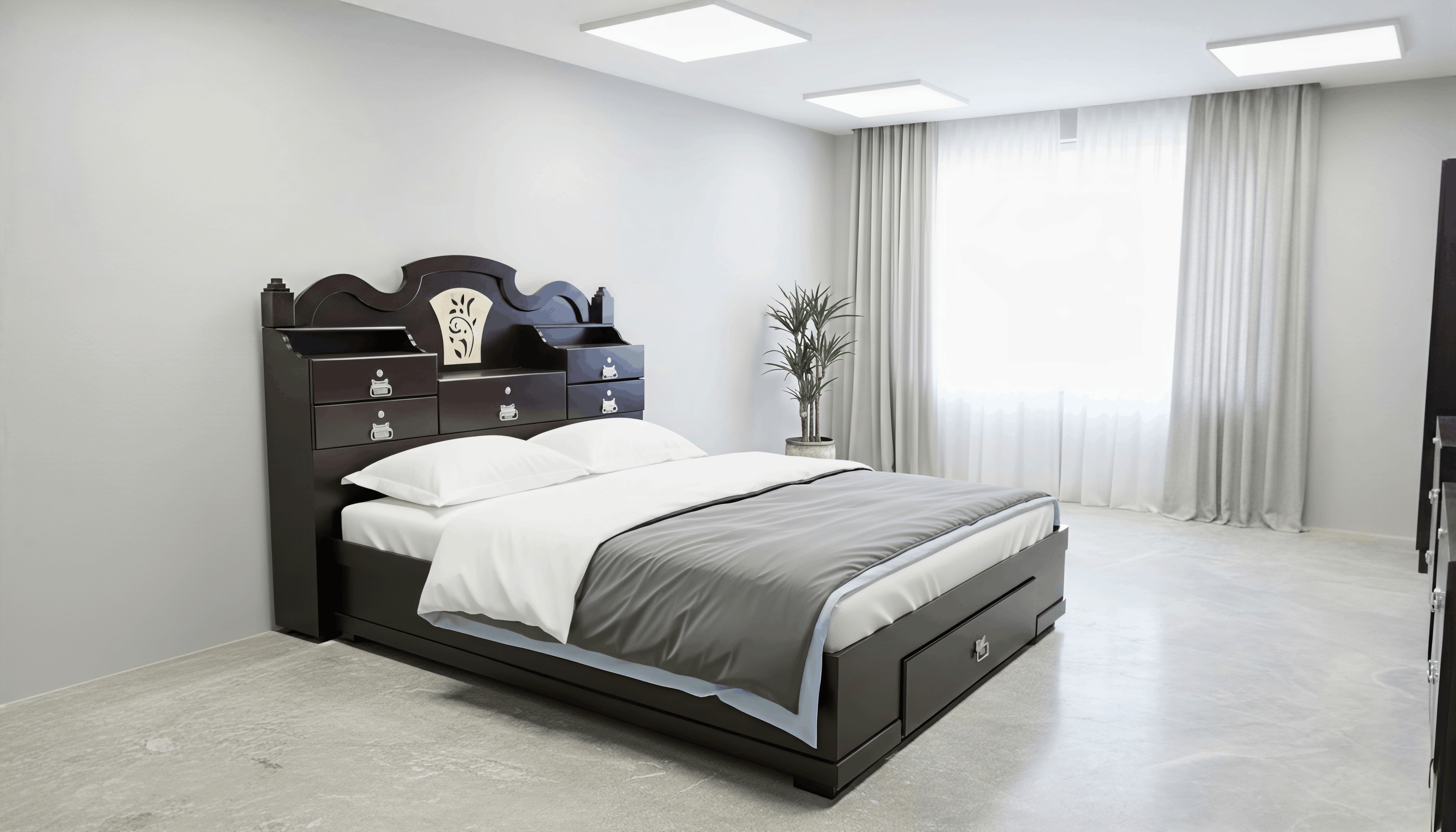 Dark Wenge Storage Bed with Inlay Headboard
