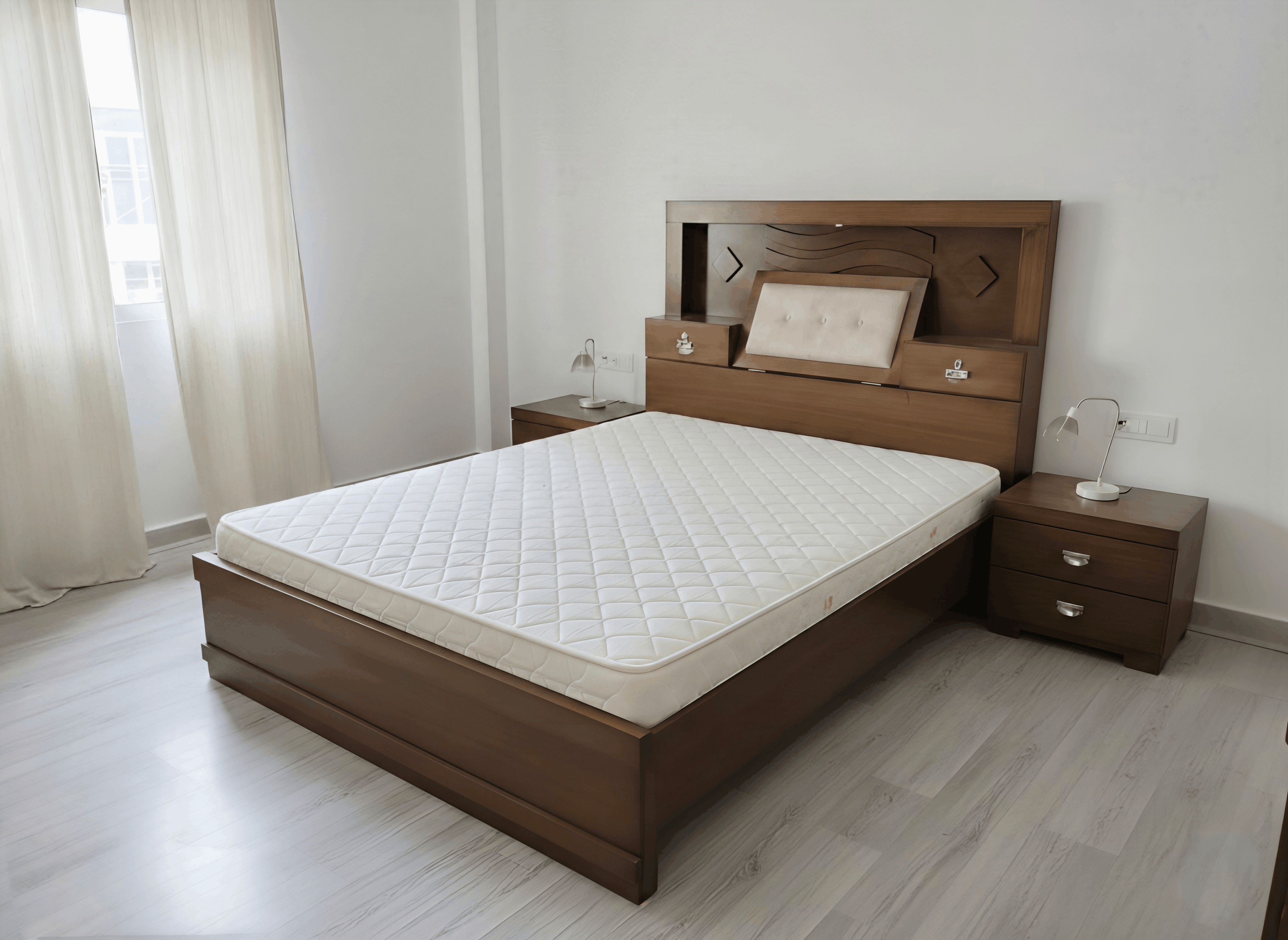 Wave-Carved Headboard Bed with Cushion Accent