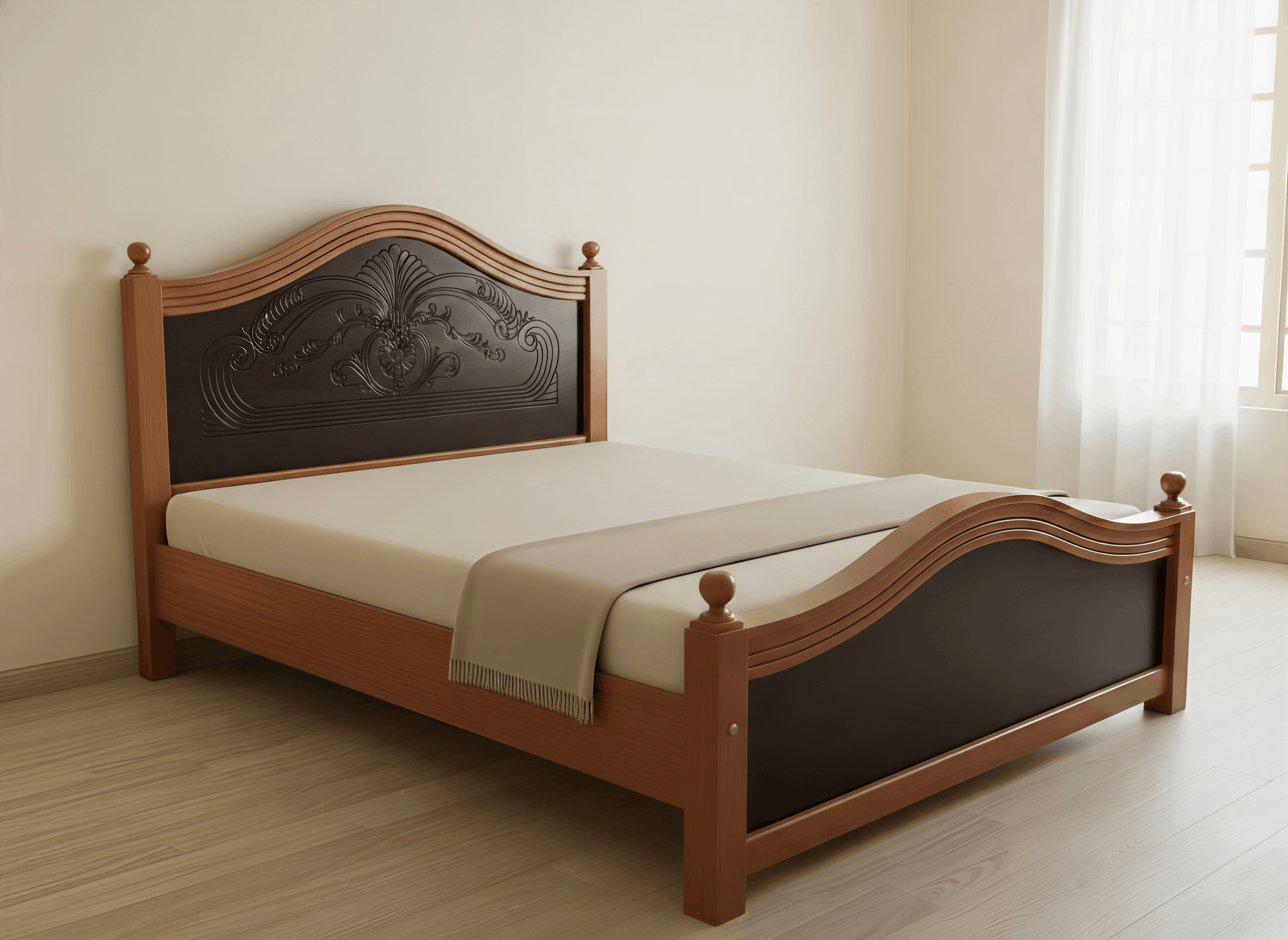 Two-Tone Scroll Carved Bed with Finial Posts