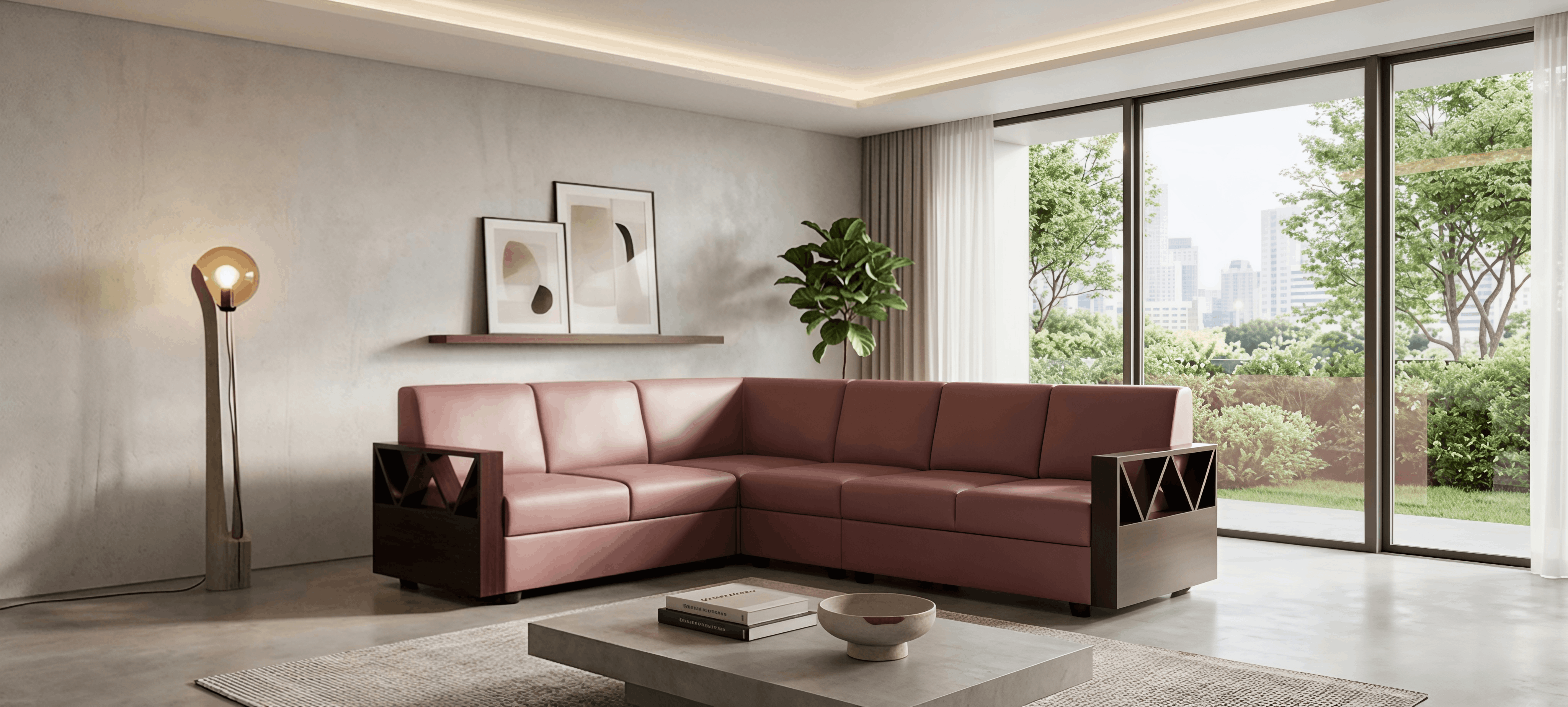 Geometric Wood-Arm L-Shaped Sofa