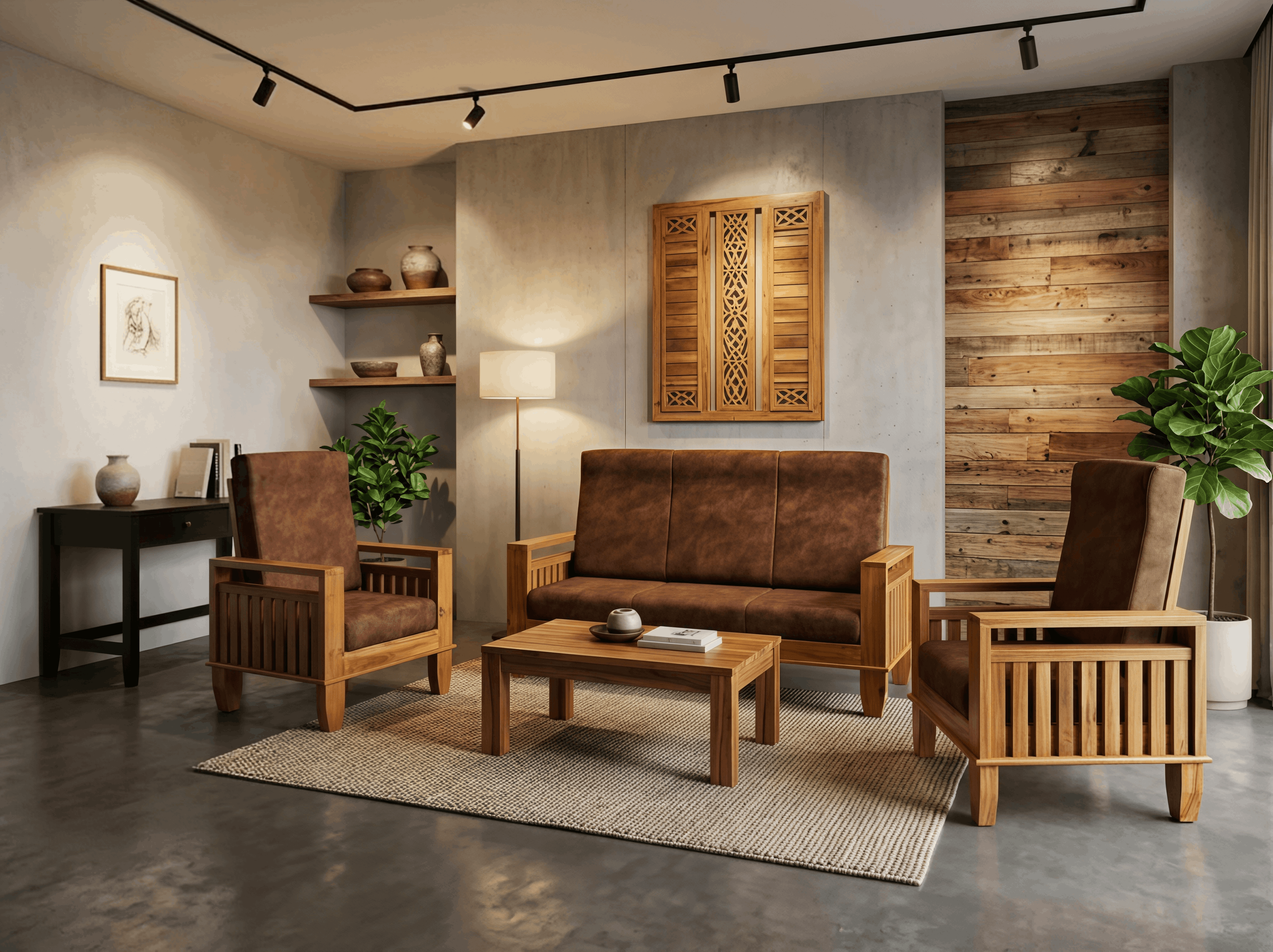 Slatted Wood 3-Seater Sofa