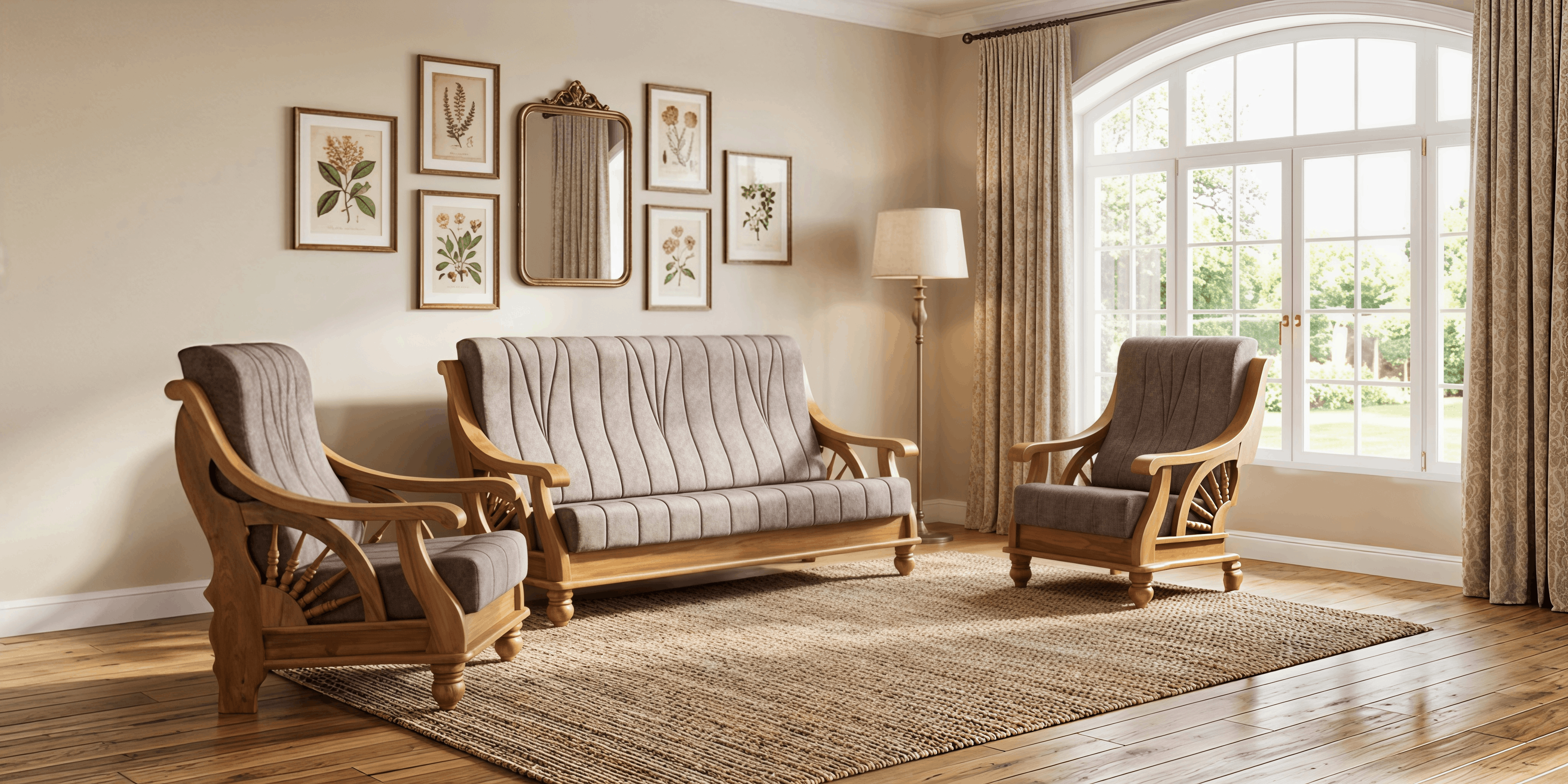 Carved Wave-Tufted Wooden Sofa
