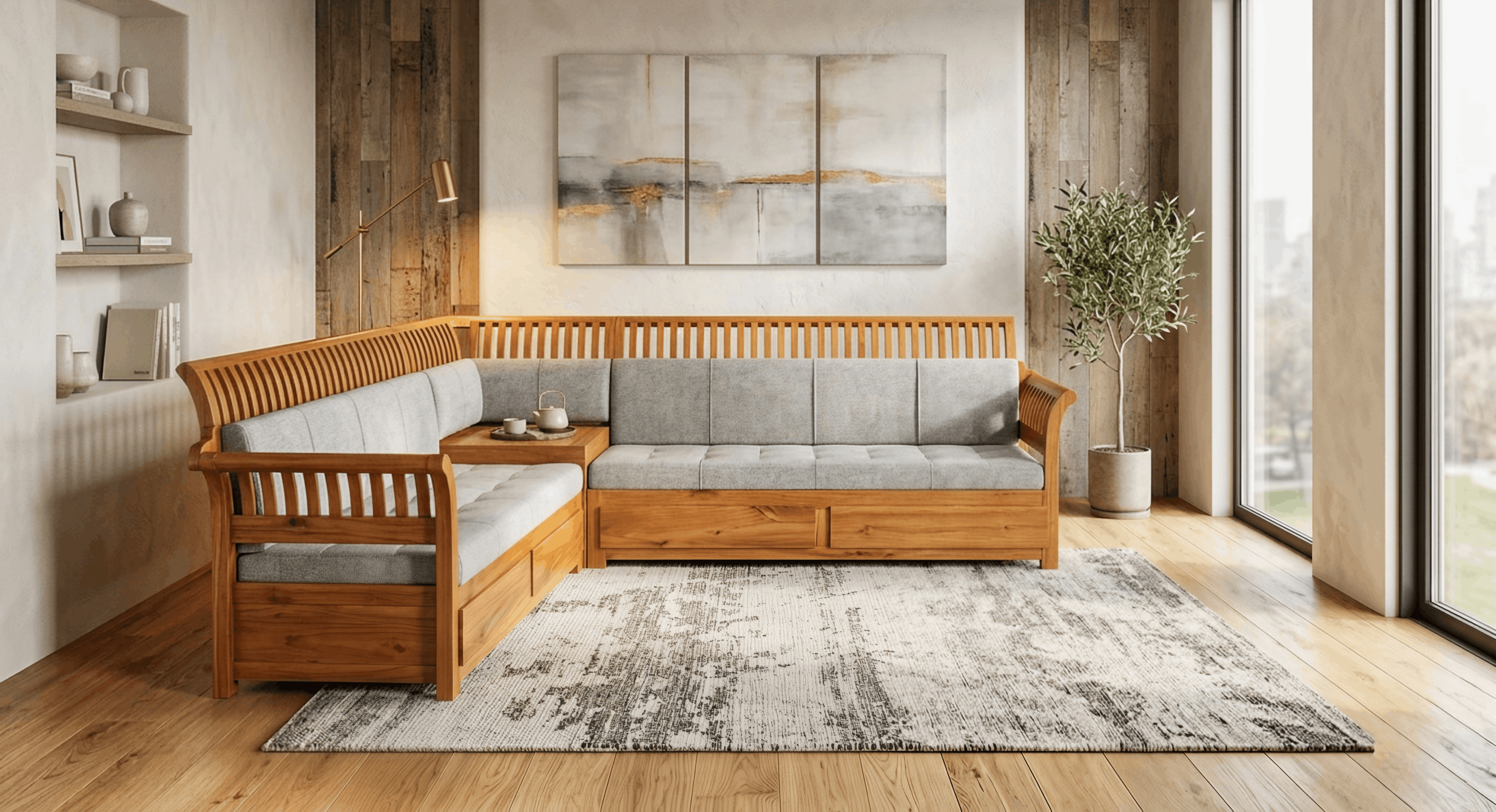 Slatted Wood L-Shaped Sofa with Storage