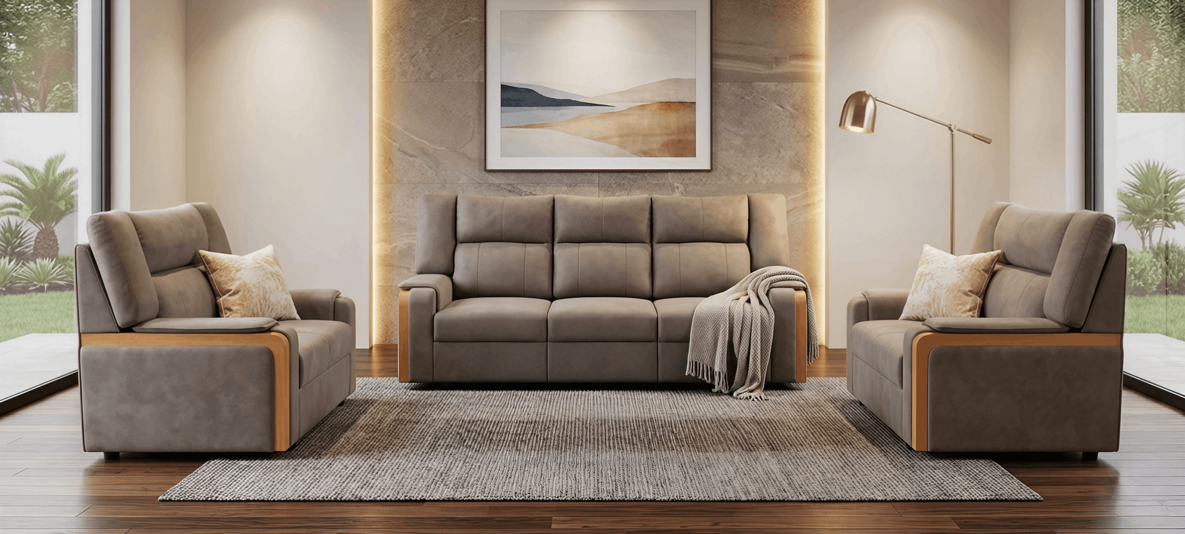 Modern Taupe Fabric 3+1+1 Sofa Set with Wood-Trim Armrests