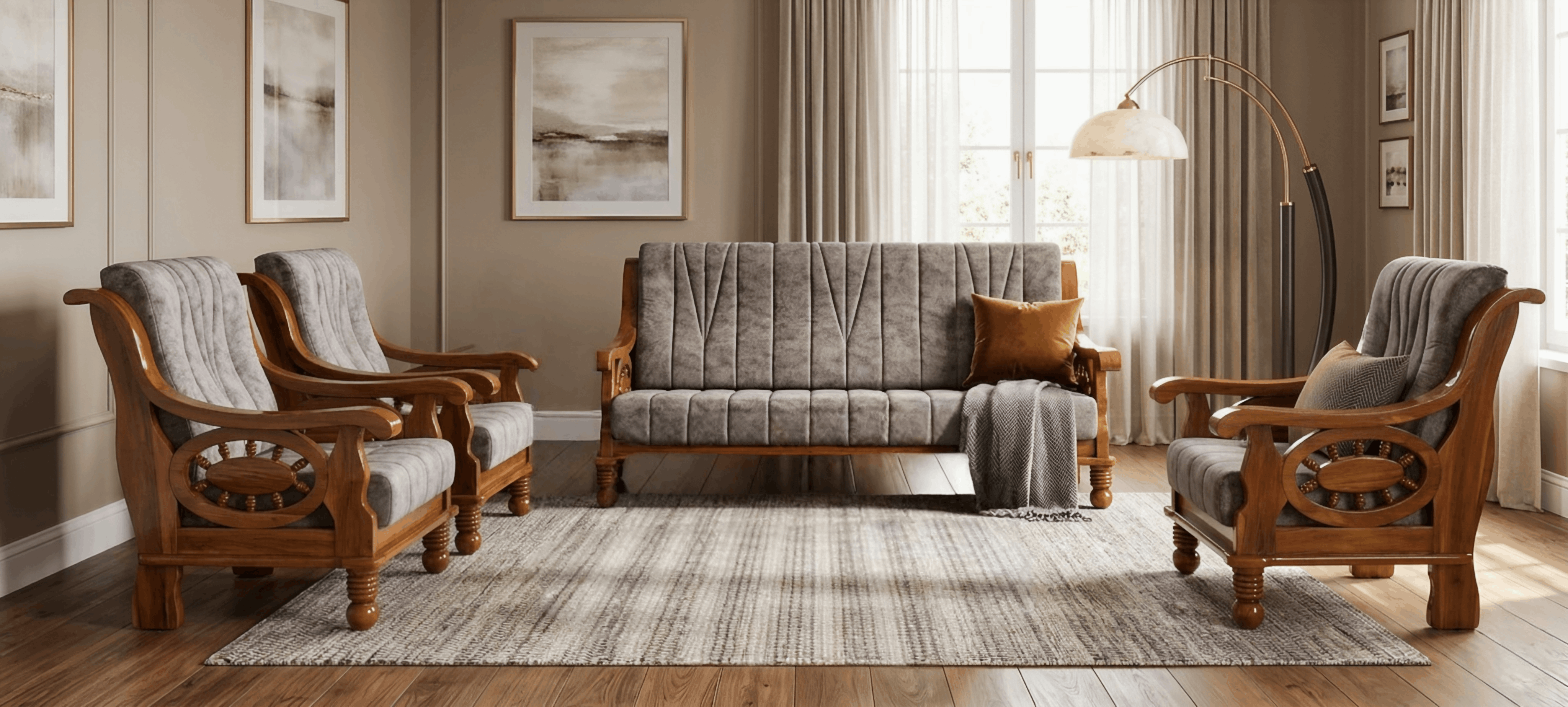 Carved Teak Wood 3+1+1 Sofa Set with Circular Beaded Armrests & Channel-Tufted Cushions