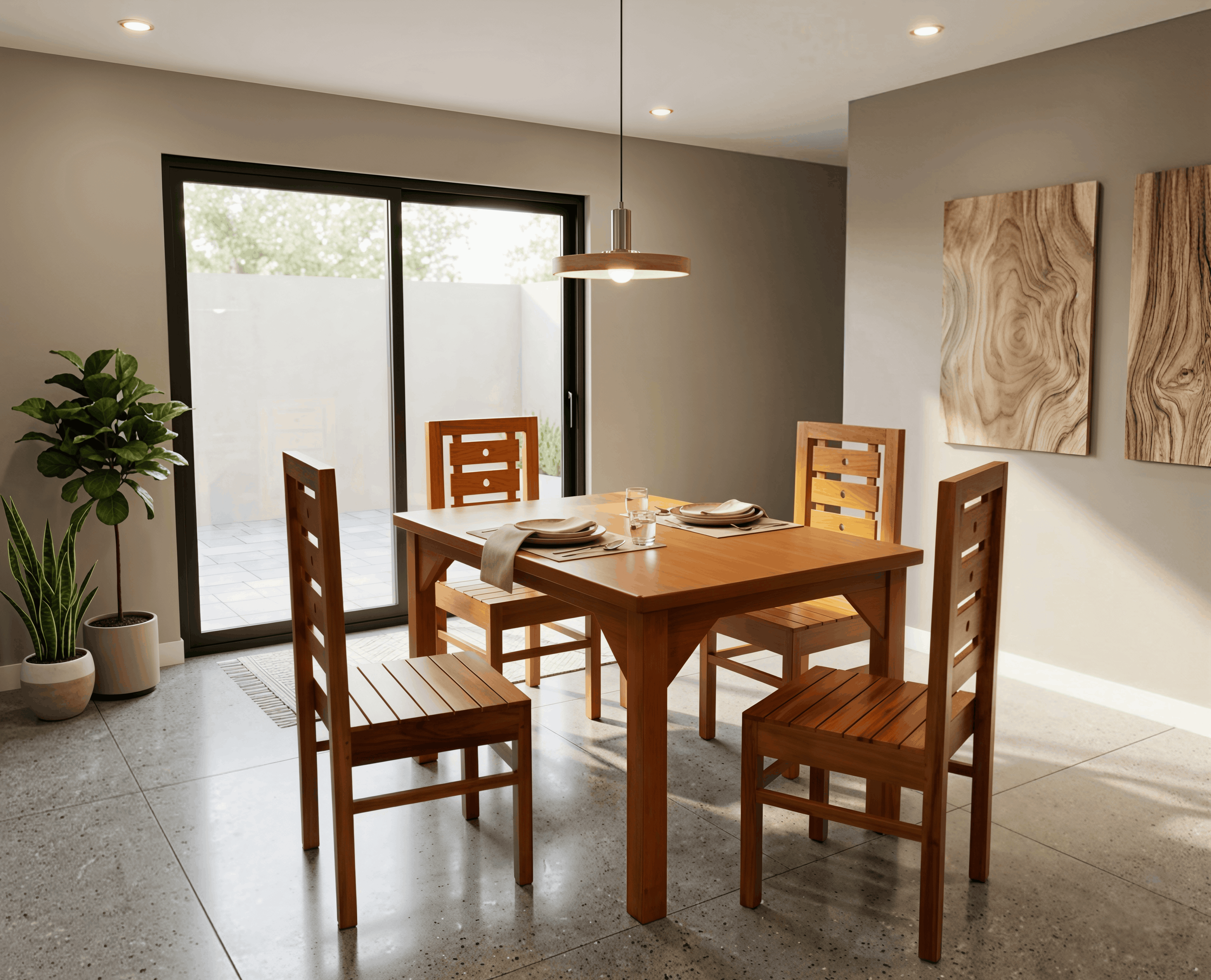 Honey Teak Trestle-Leg Dining Table with 4 Slat-Back Chairs