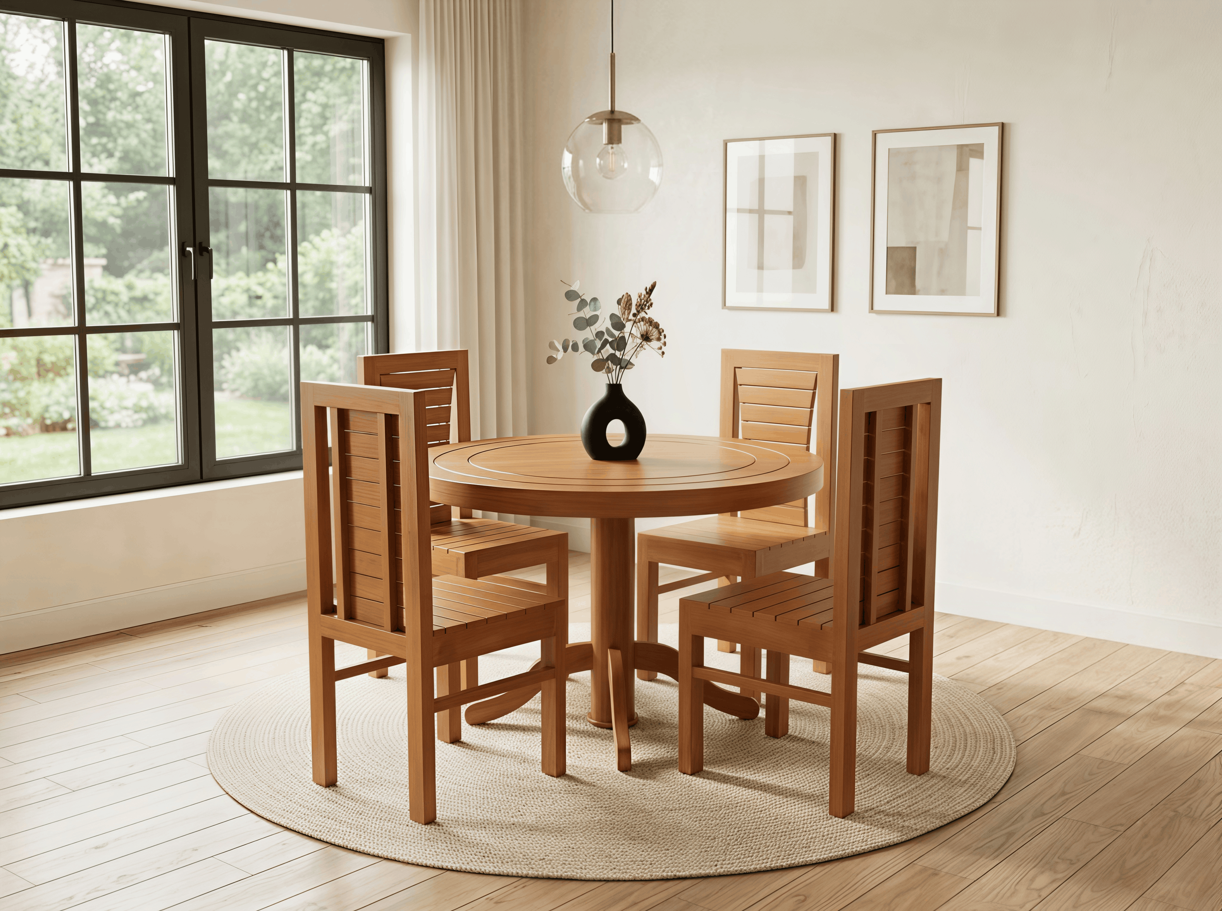 Round Teak Pedestal Dining Table with 4 Louvre-Back Chairs