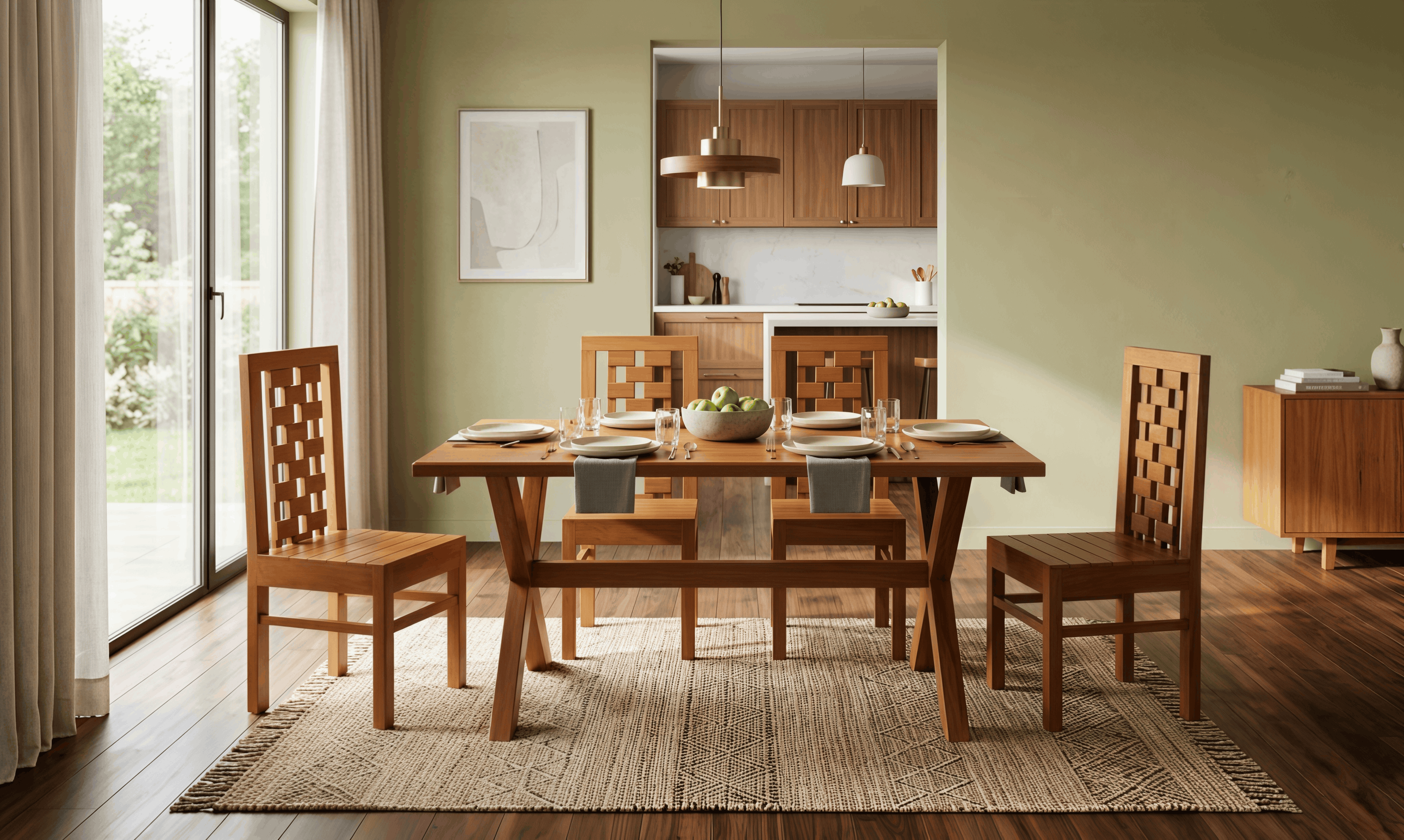 Teak Cross-Leg Dining Table with Checkerboard-Back Chairs & Matching Bench