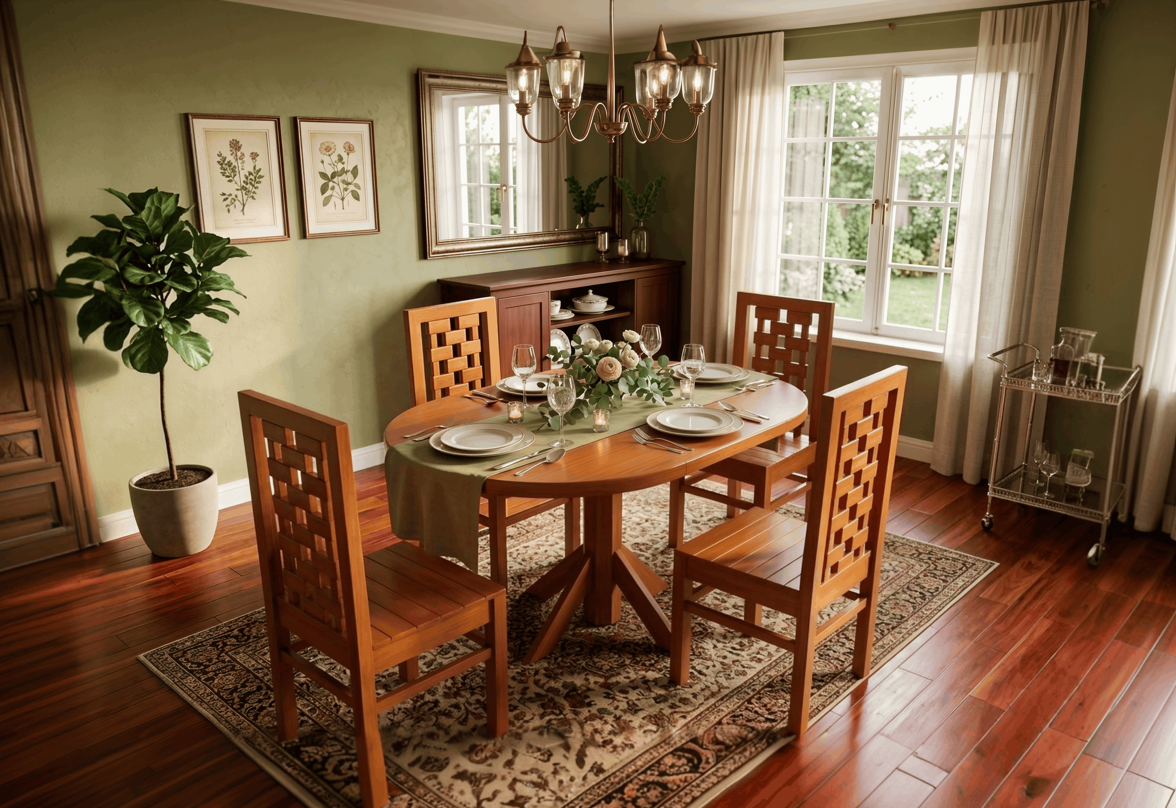 Oval Teak Pedestal Dining Table with 4 Lattice-Back Chairs