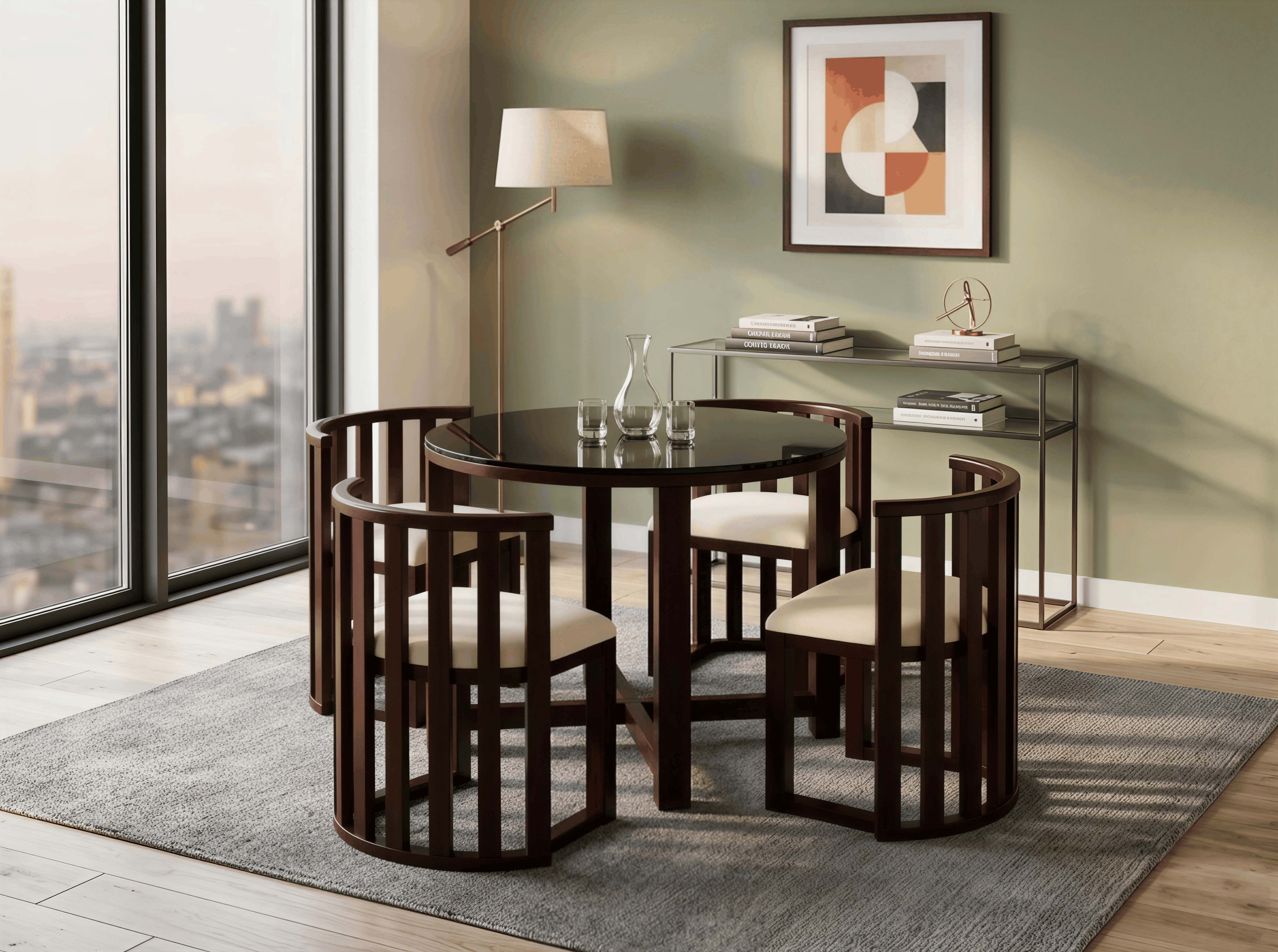Round Black Glass-Top Espresso Dining Table with 4 Tuck-In Slatted Chairs