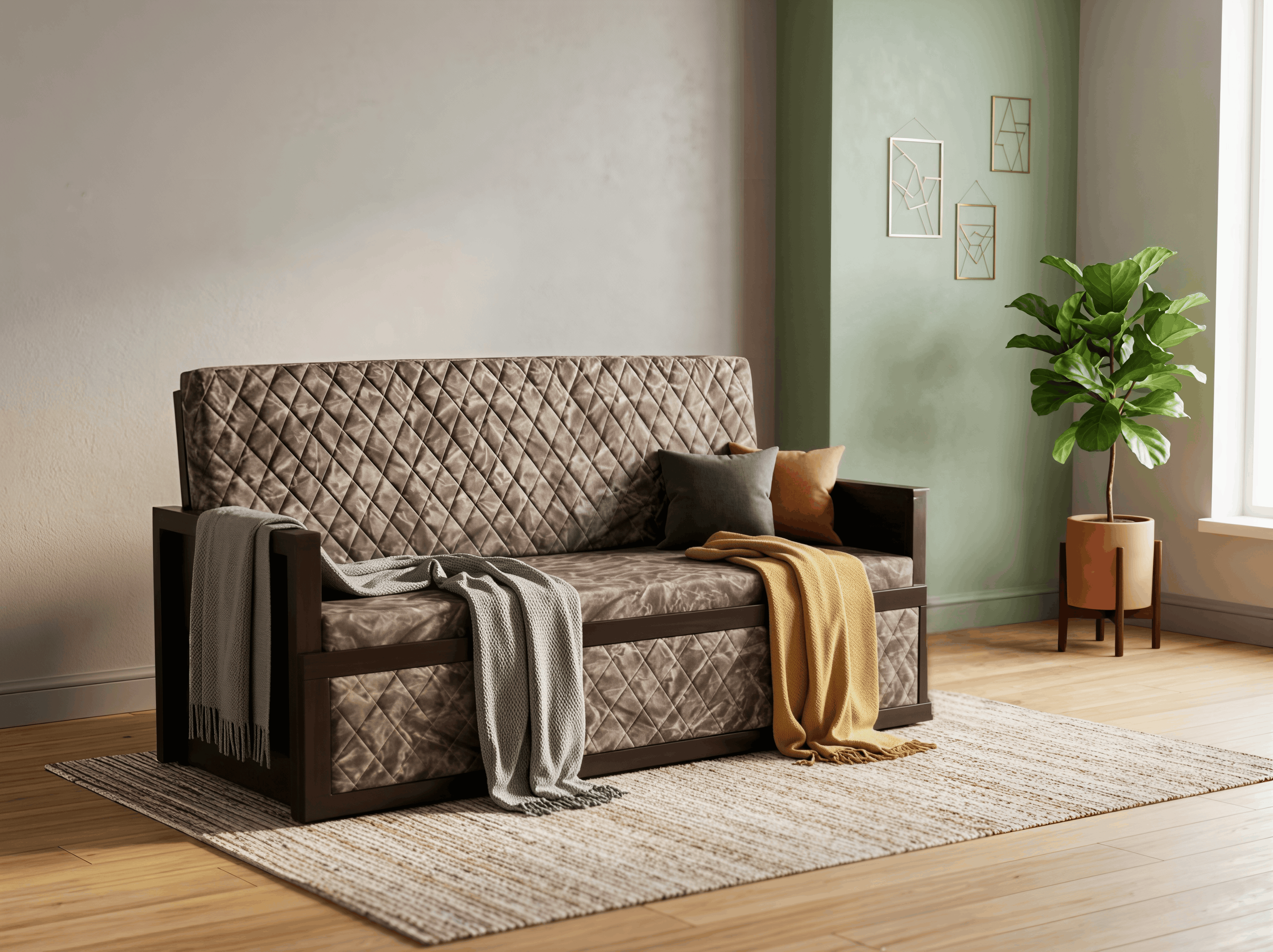 Diamond-Quilted Velvet Sofa with Wood Frame & Open Square Armrests
