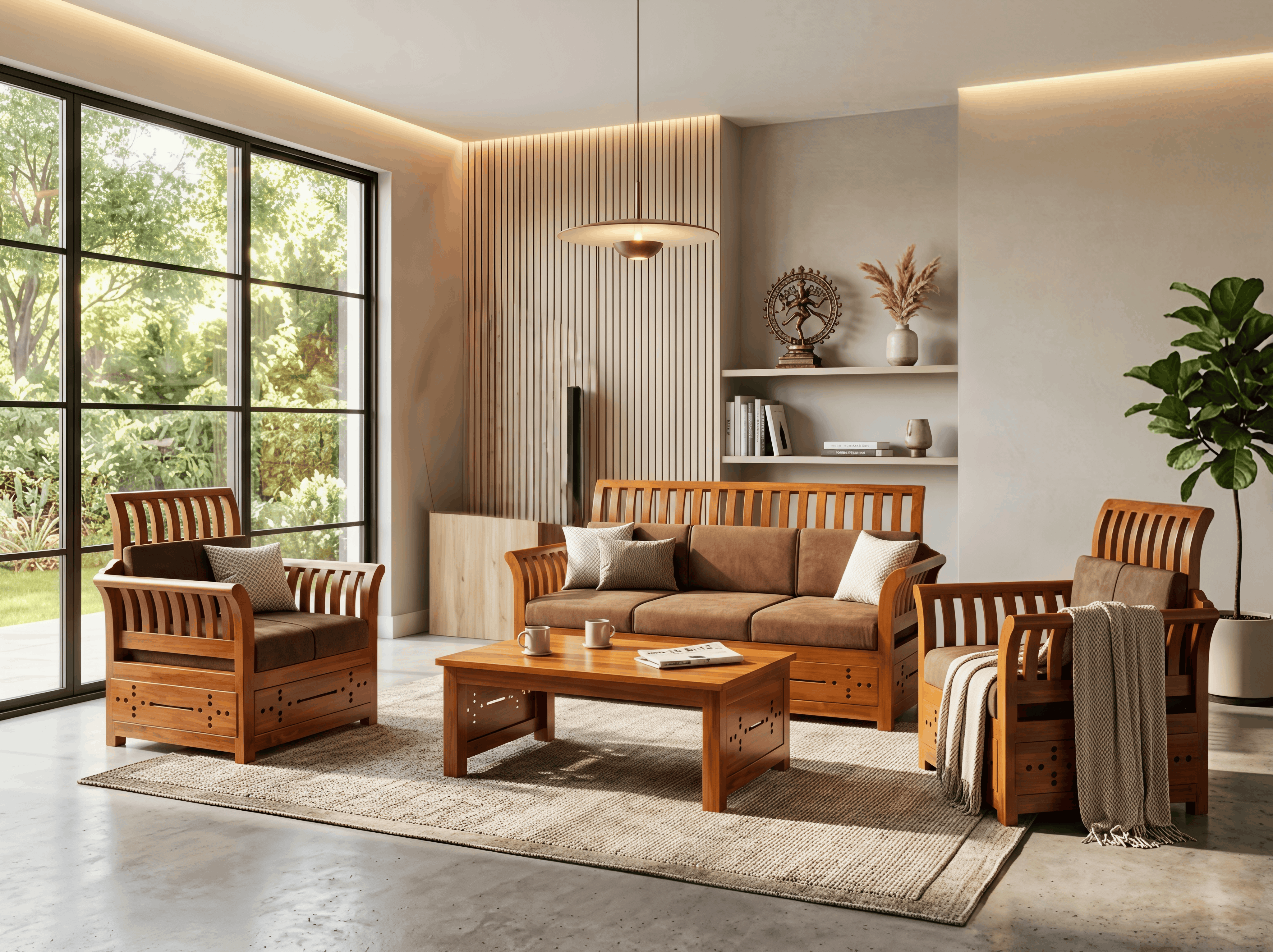 Teak Wood Sleigh-Back Sofa Set with Storage Drawers & Matching Coffee Table