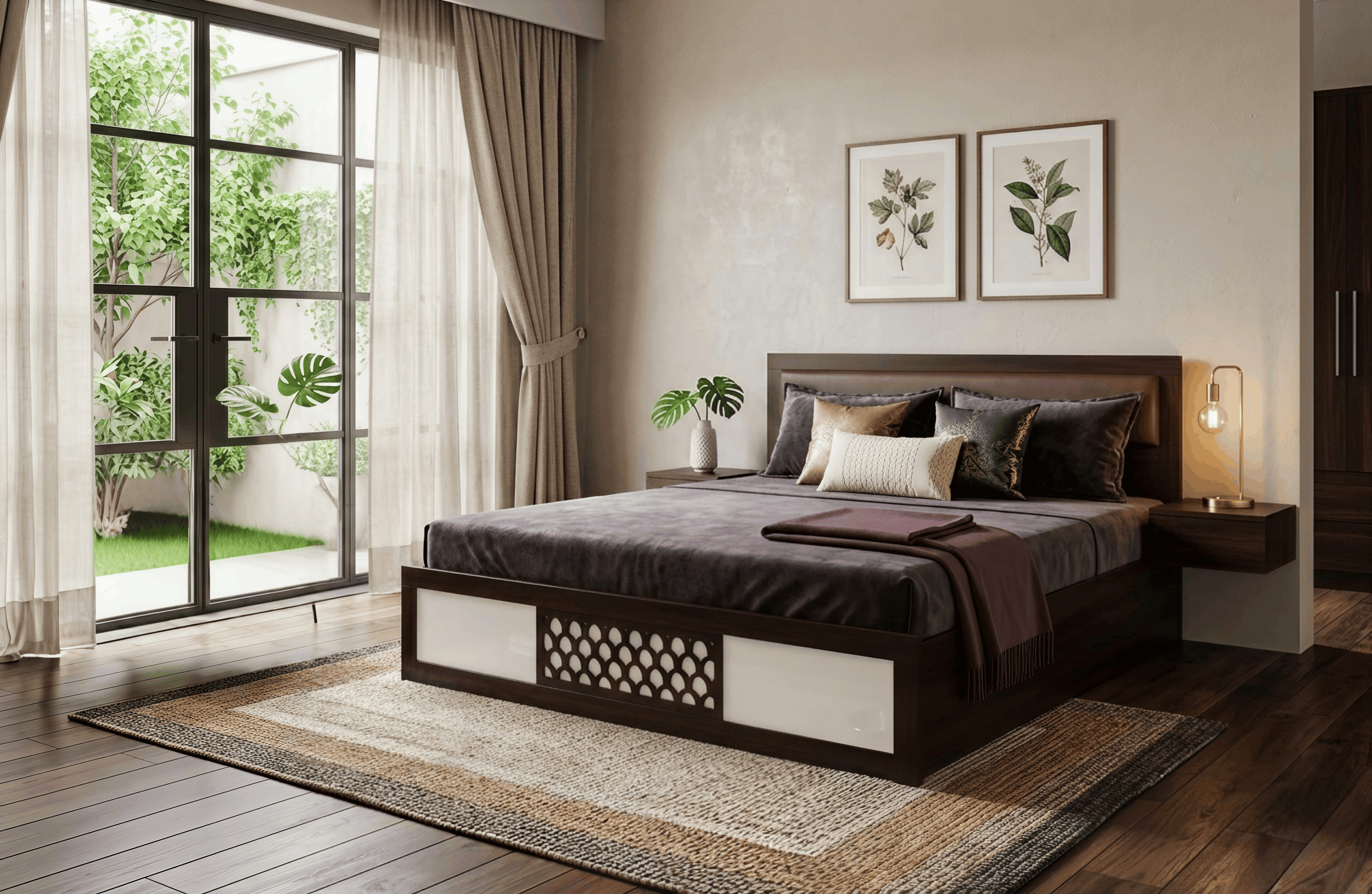Modern Dark Walnut King-Size Bed with Decorative Headboard and Footboard