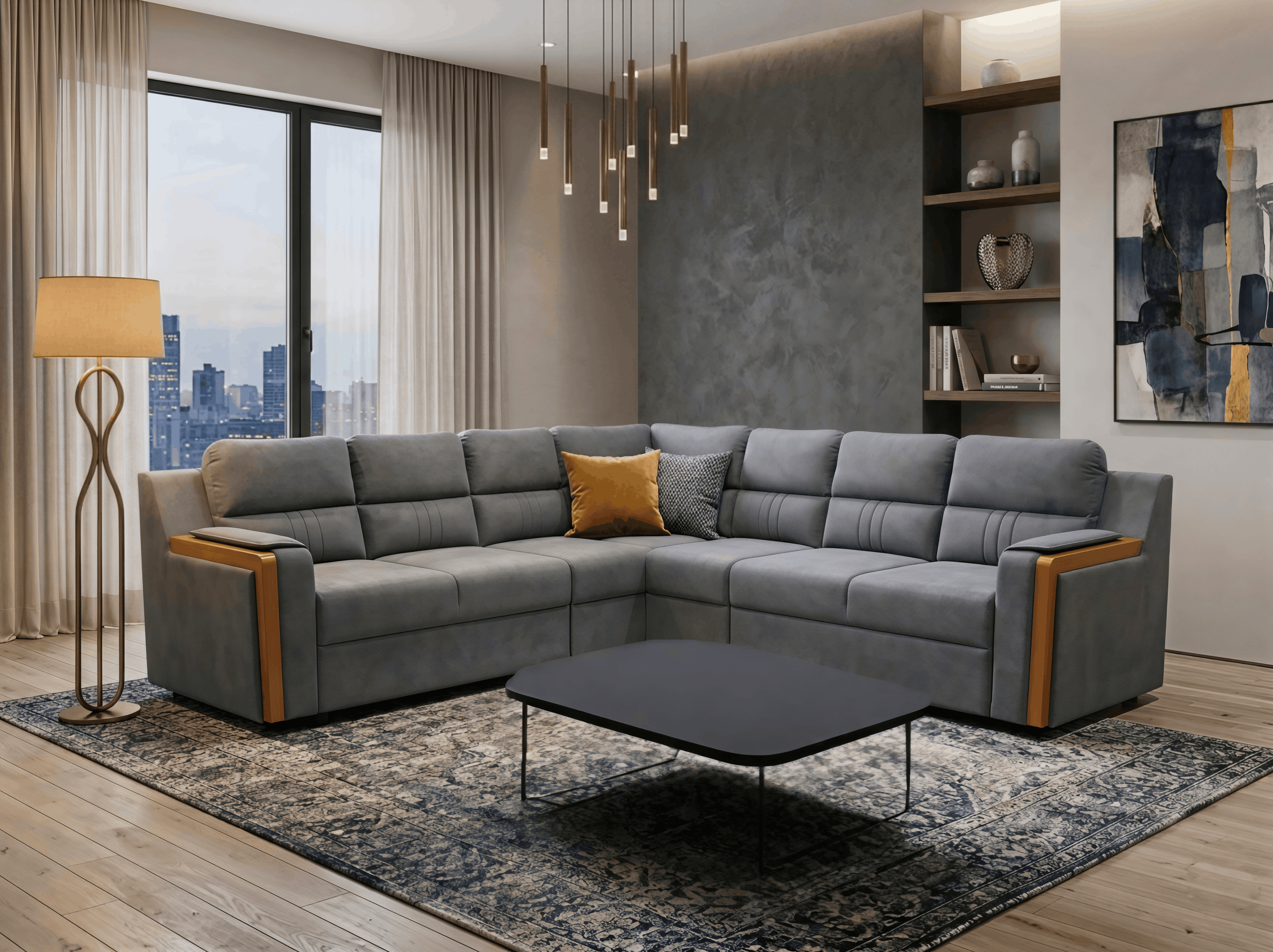 Modern Grey L-Shaped Sectional Sofa with Wooden Armrest Accents