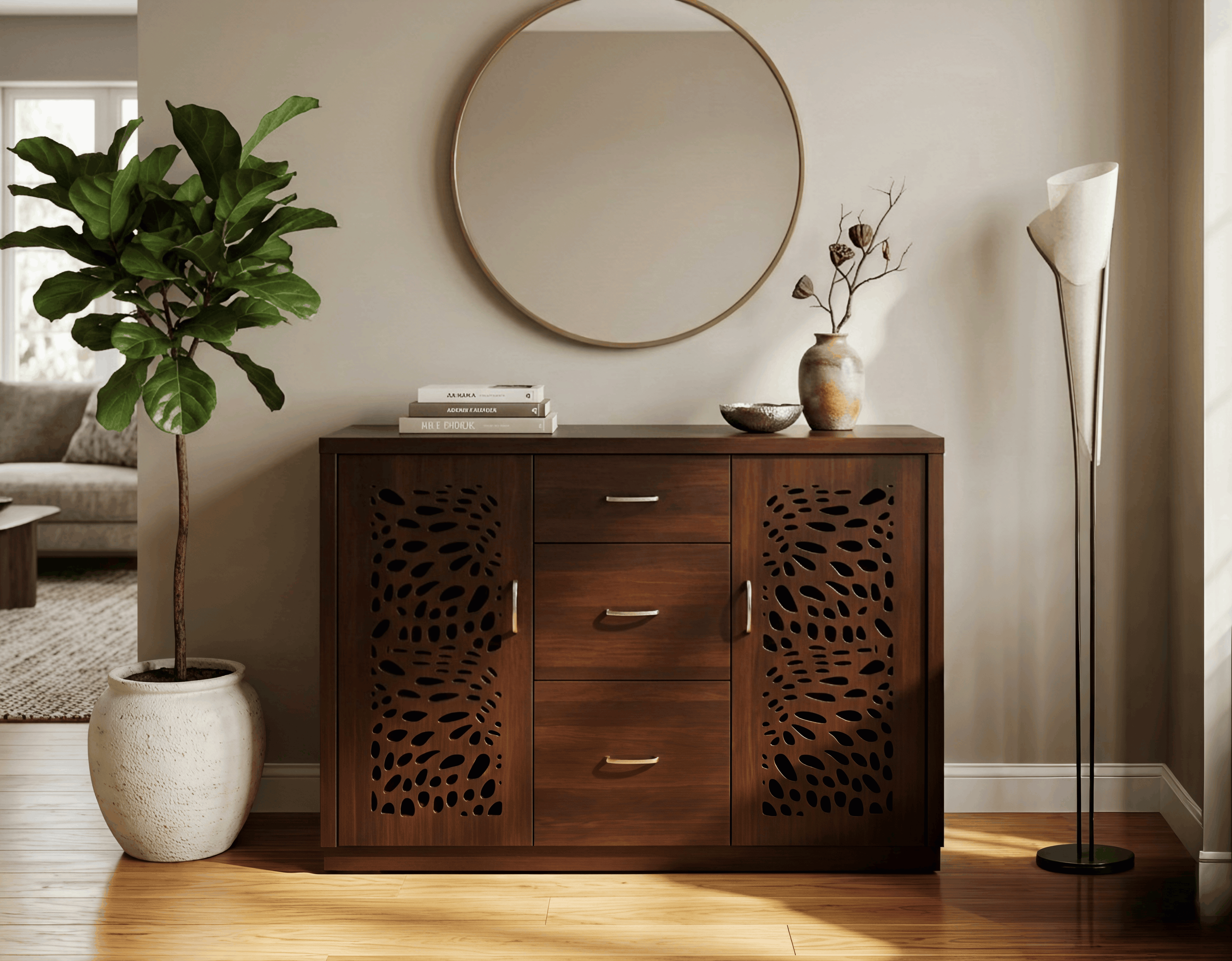 Walnut Sideboard with Organic Perforated Cut-Out Doors & 3 Centre Drawers