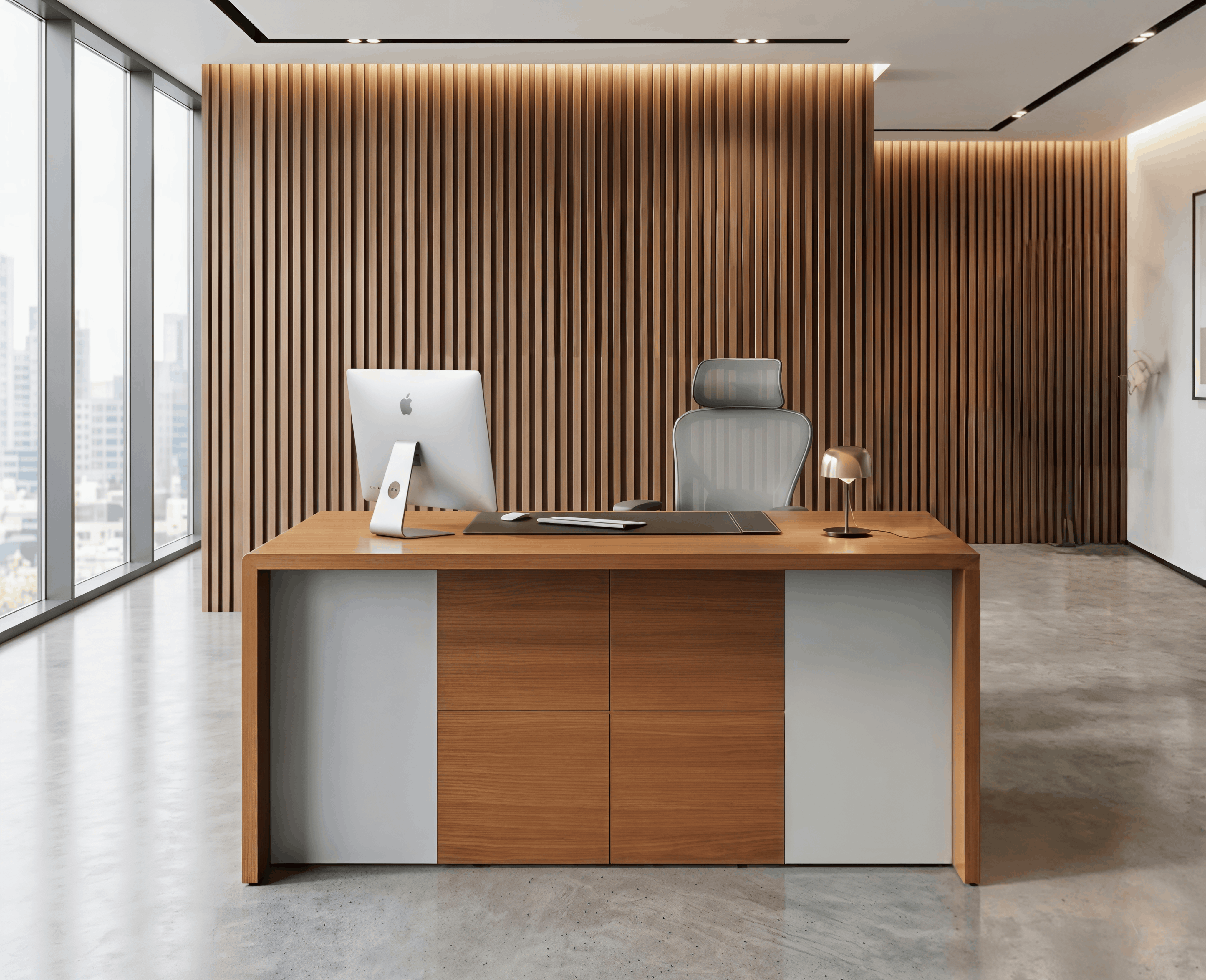 Walnut and White Executive Office Desk with Integrated Storage
