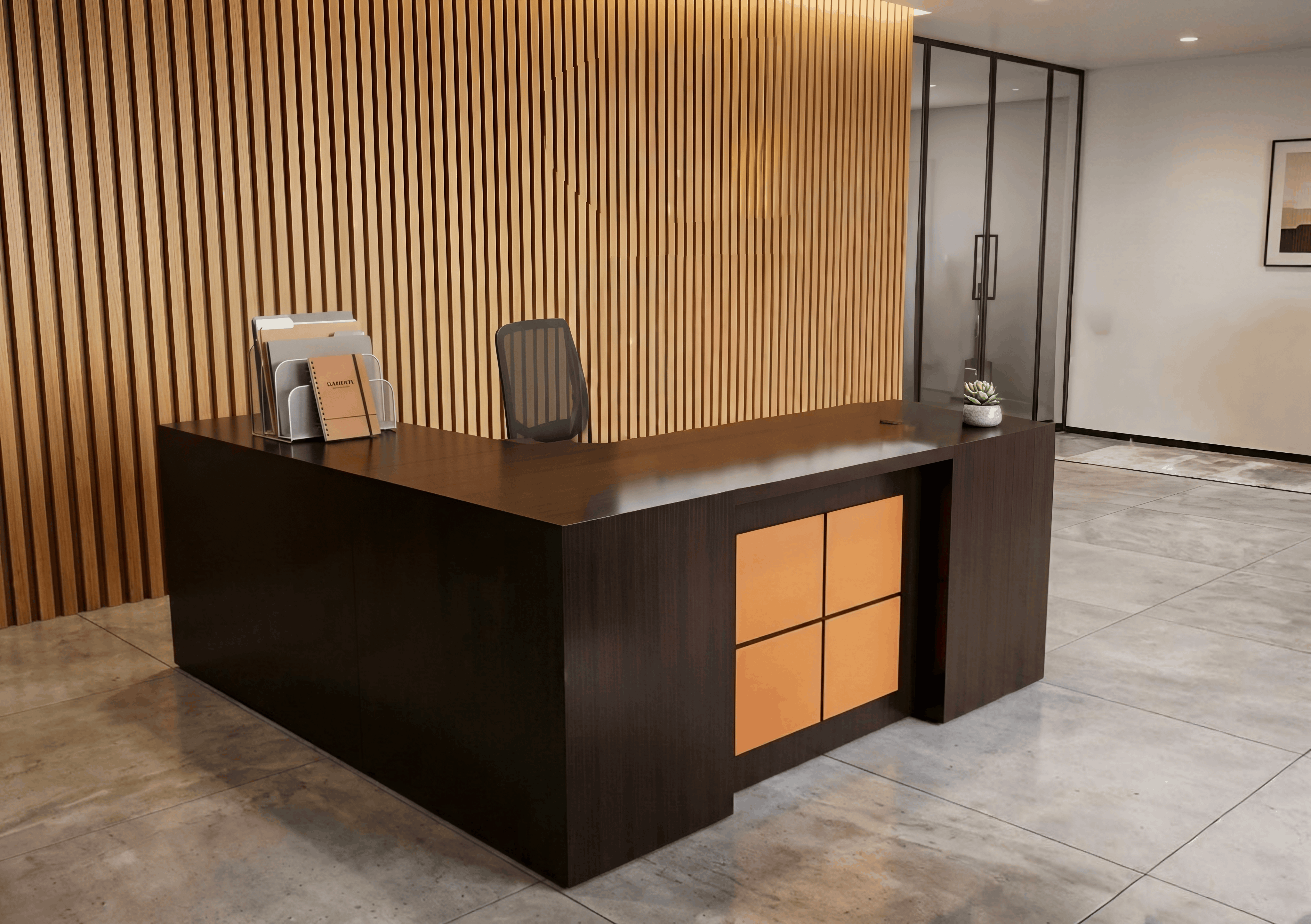 Modern Dark Walnut Executive Office Desk with Accent Panels