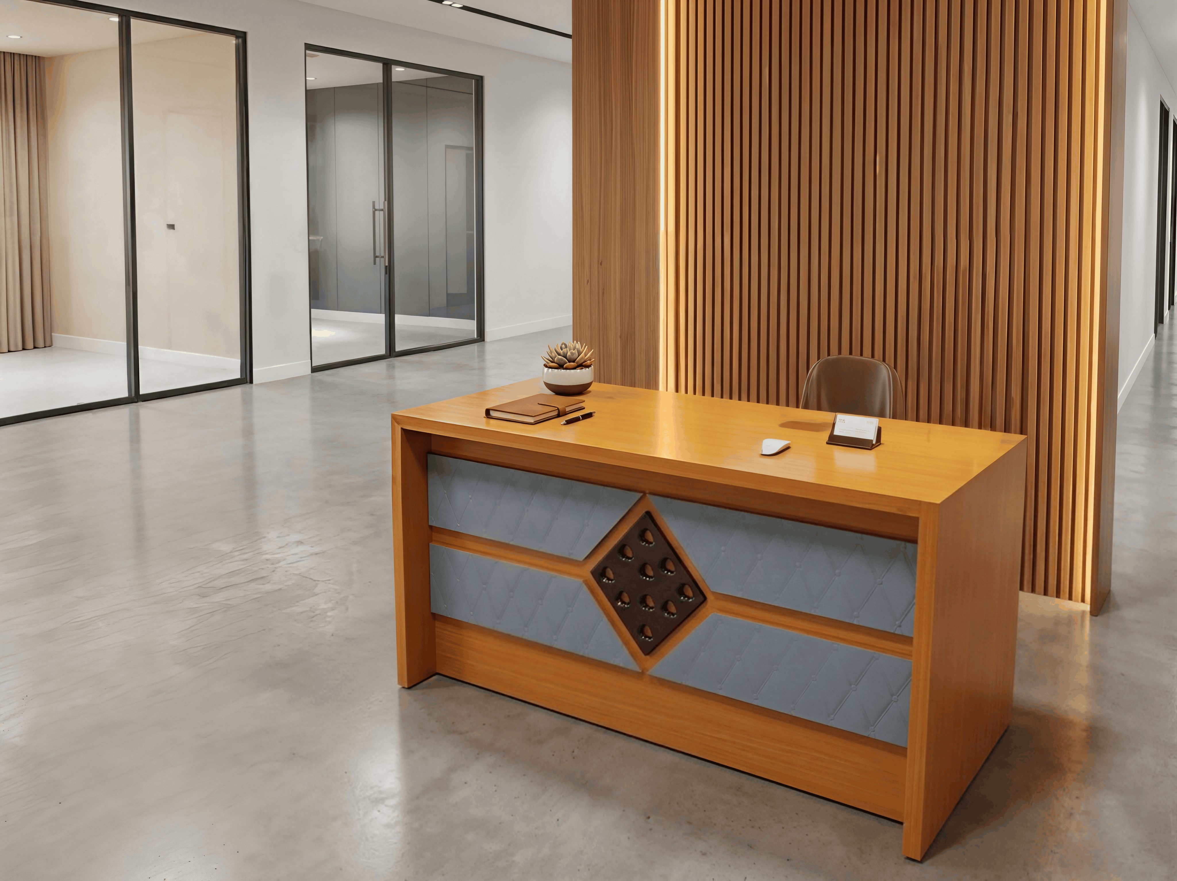 Honey Wood Reception Desk with Quilted Leather Panel & Riveted Diamond Medallion