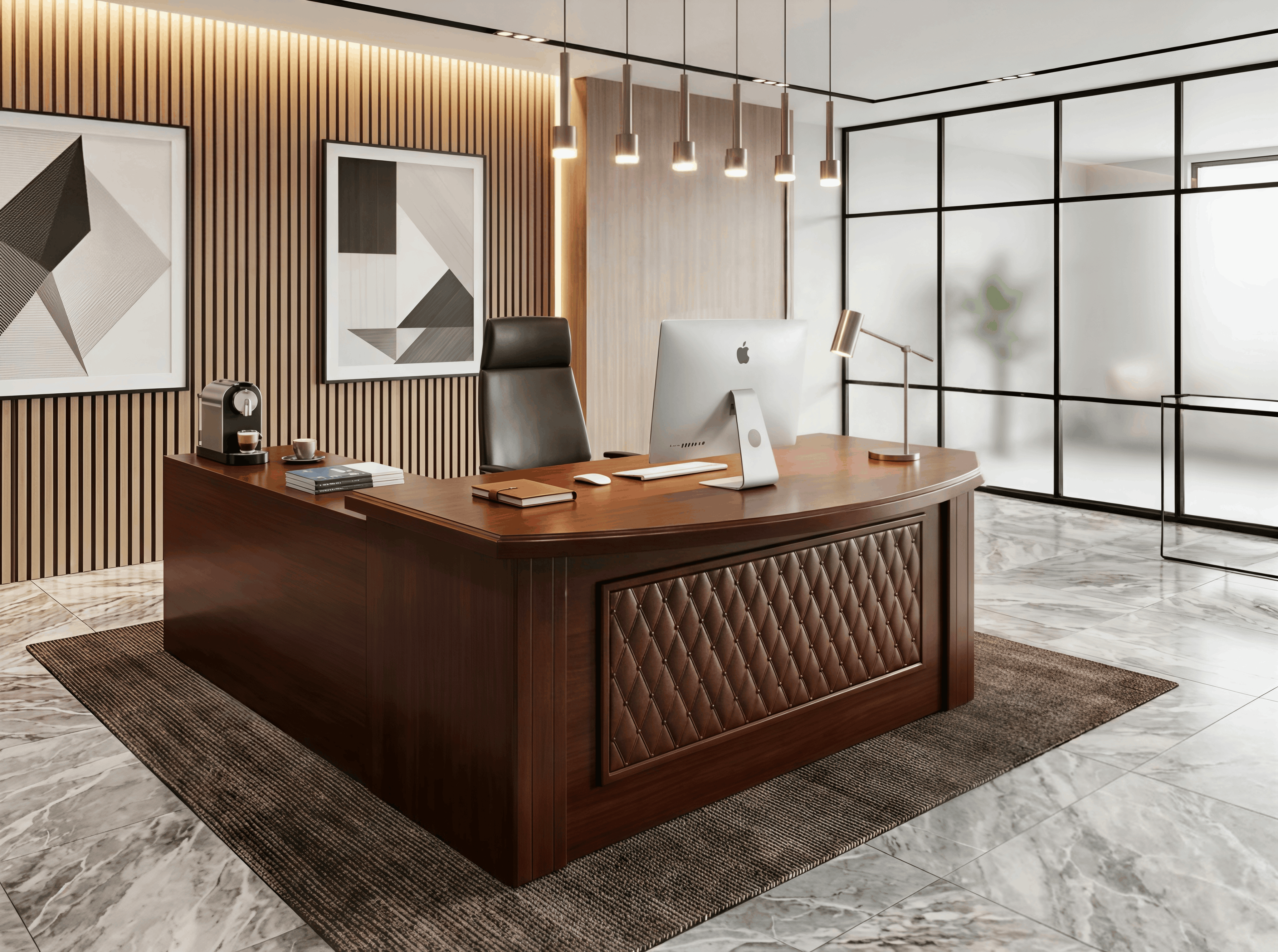Luxury Curved L-Shape Executive Desk with Leatherette Front Panel