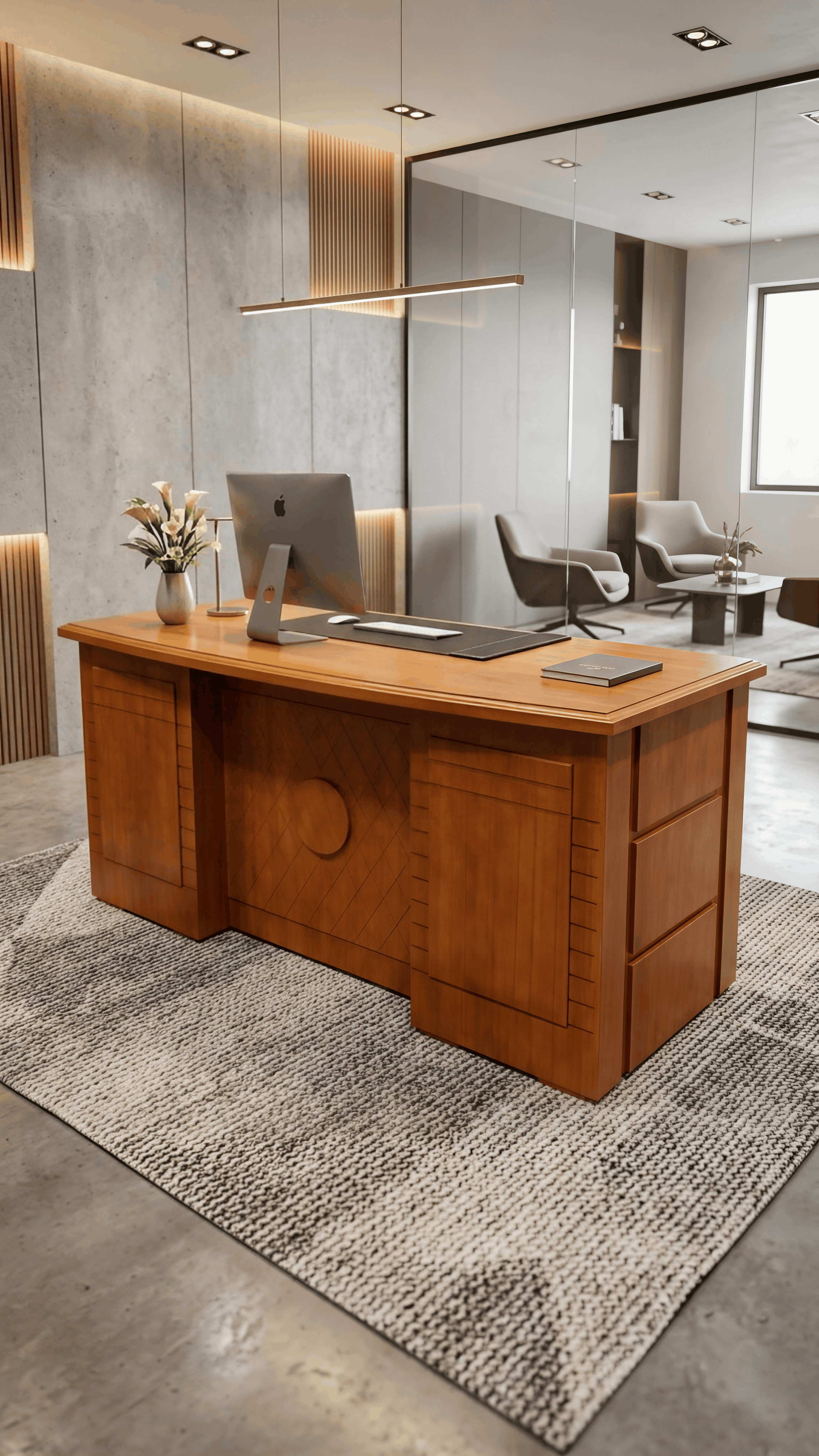 Classic Teak Wood Executive Office Desk with Carved Modesty Panel