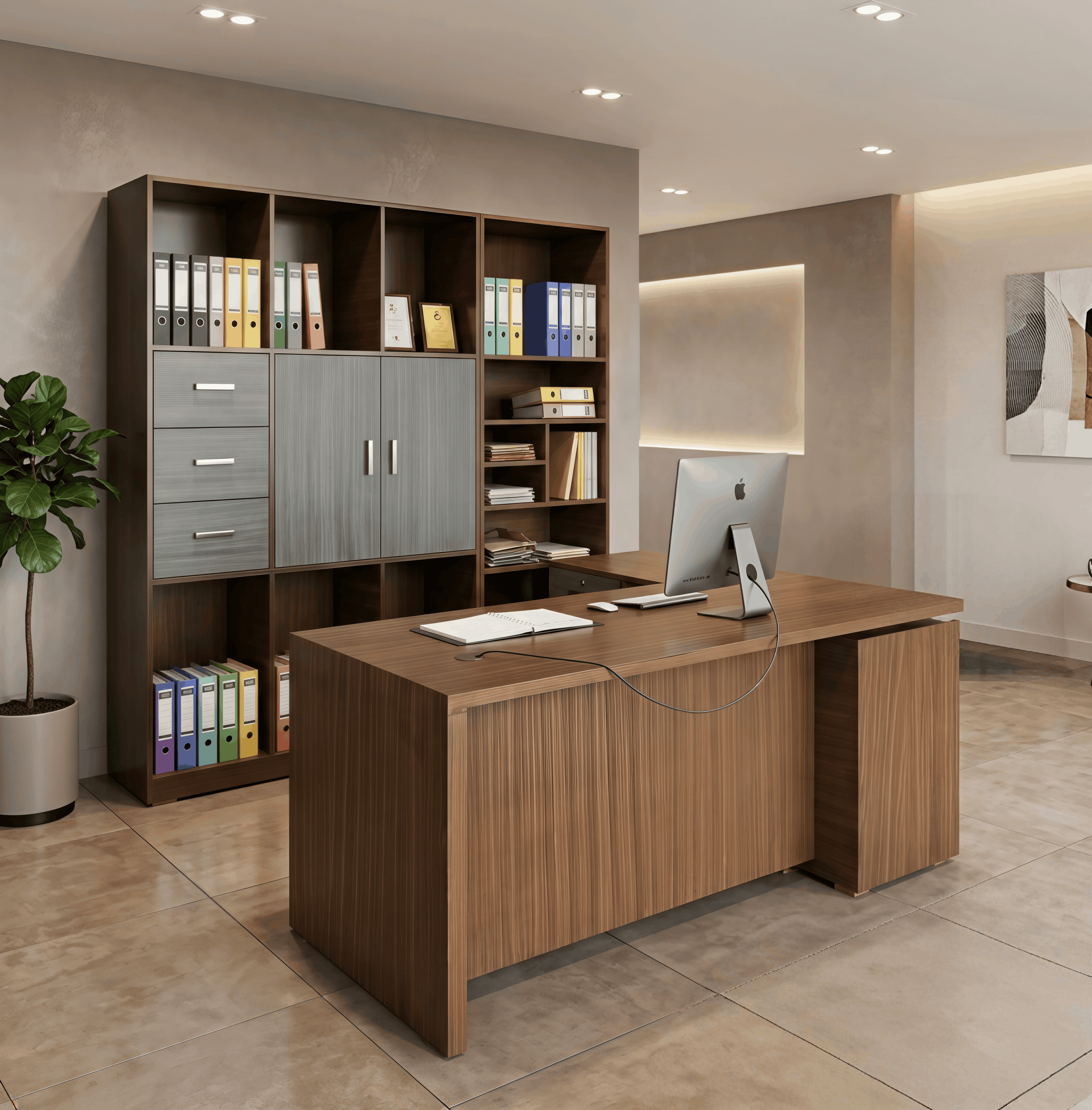 Modern Executive L-Shape Office Desk Set with Wall-Height Bookshelf Cabinet