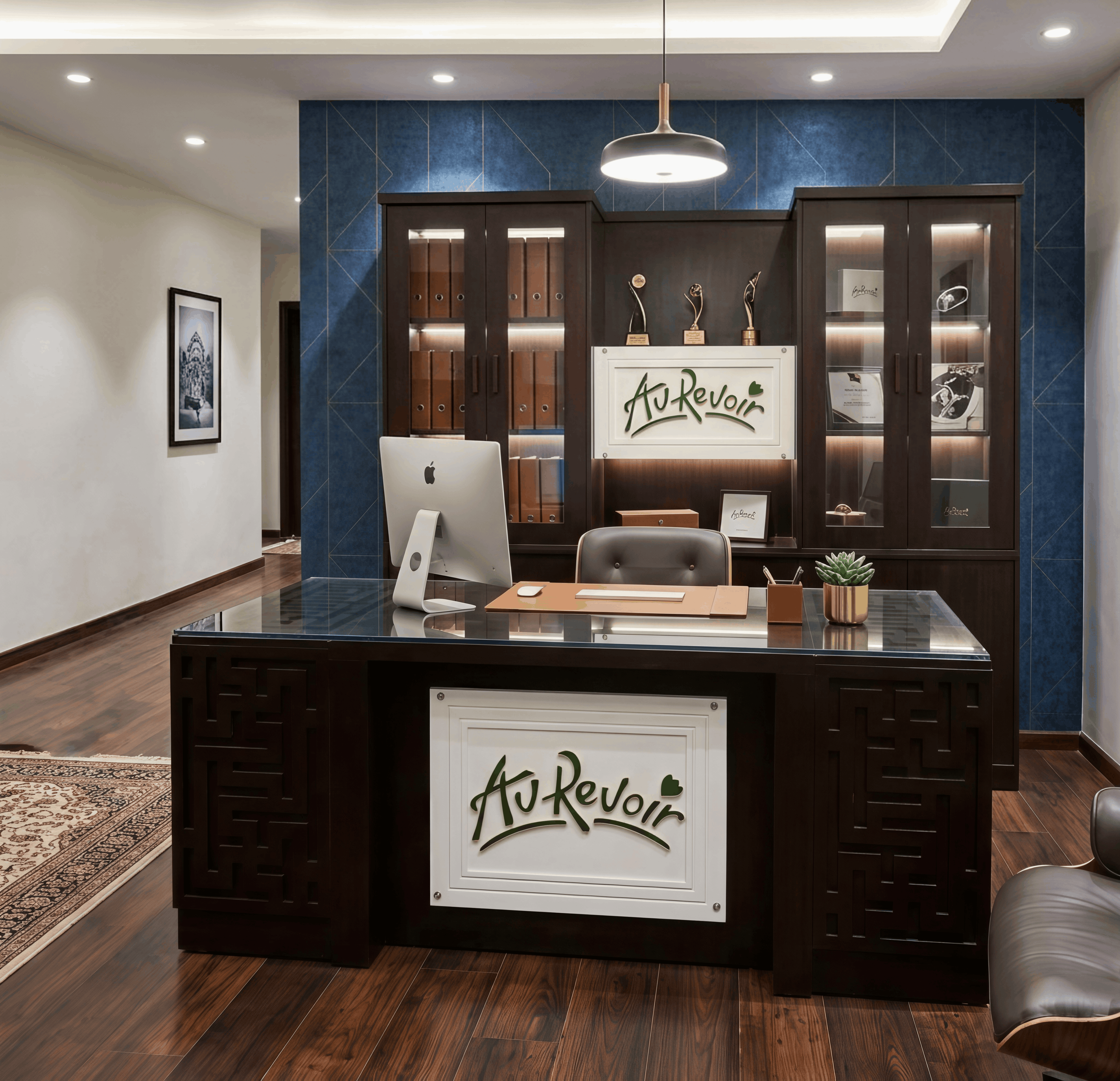 Premium Dark Walnut Executive Desk with Glass Top & Matching Wall Display Cabinet Set