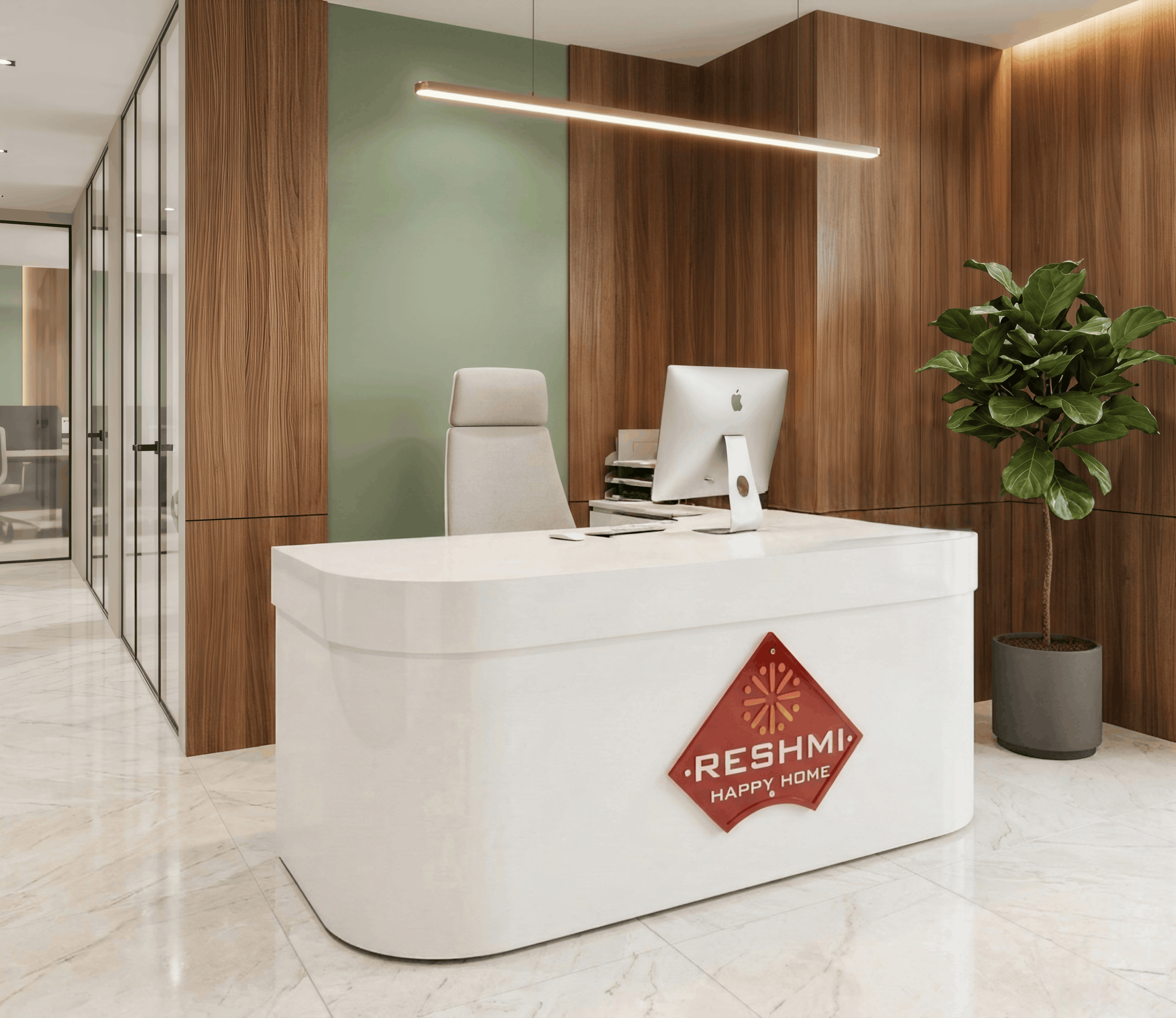 Modern Curved Glossy White Reception Desk with Custom Branding Panel