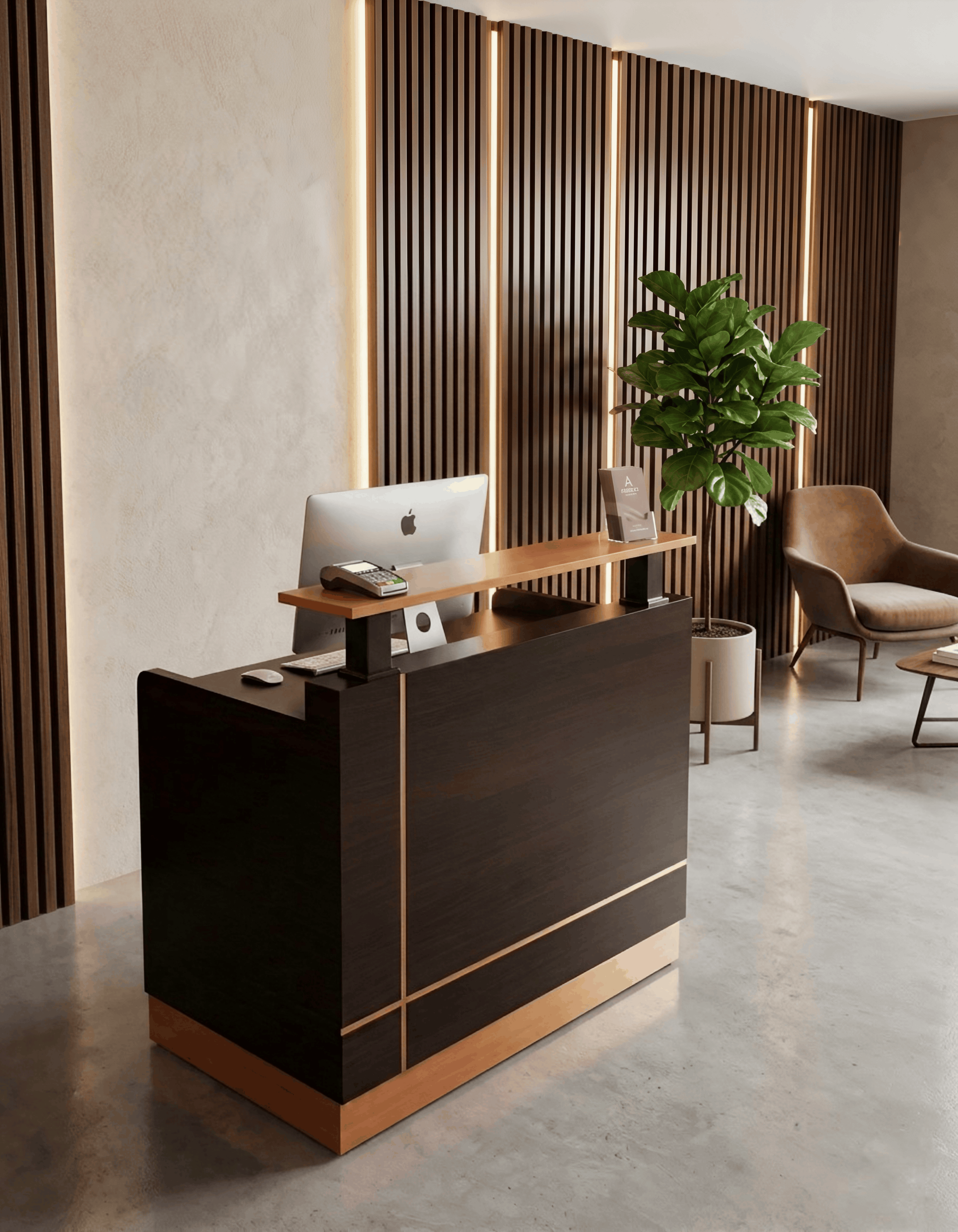 Compact Dark Walnut Reception Desk with Raised Transaction Counter & Metallic Trim