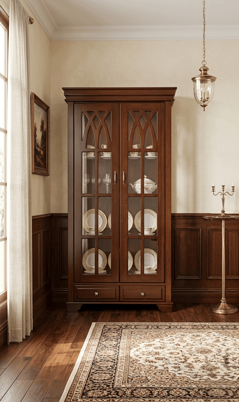 Classic Gothic Wooden Crockery Cabinet with Glass Doors & Bottom Drawers