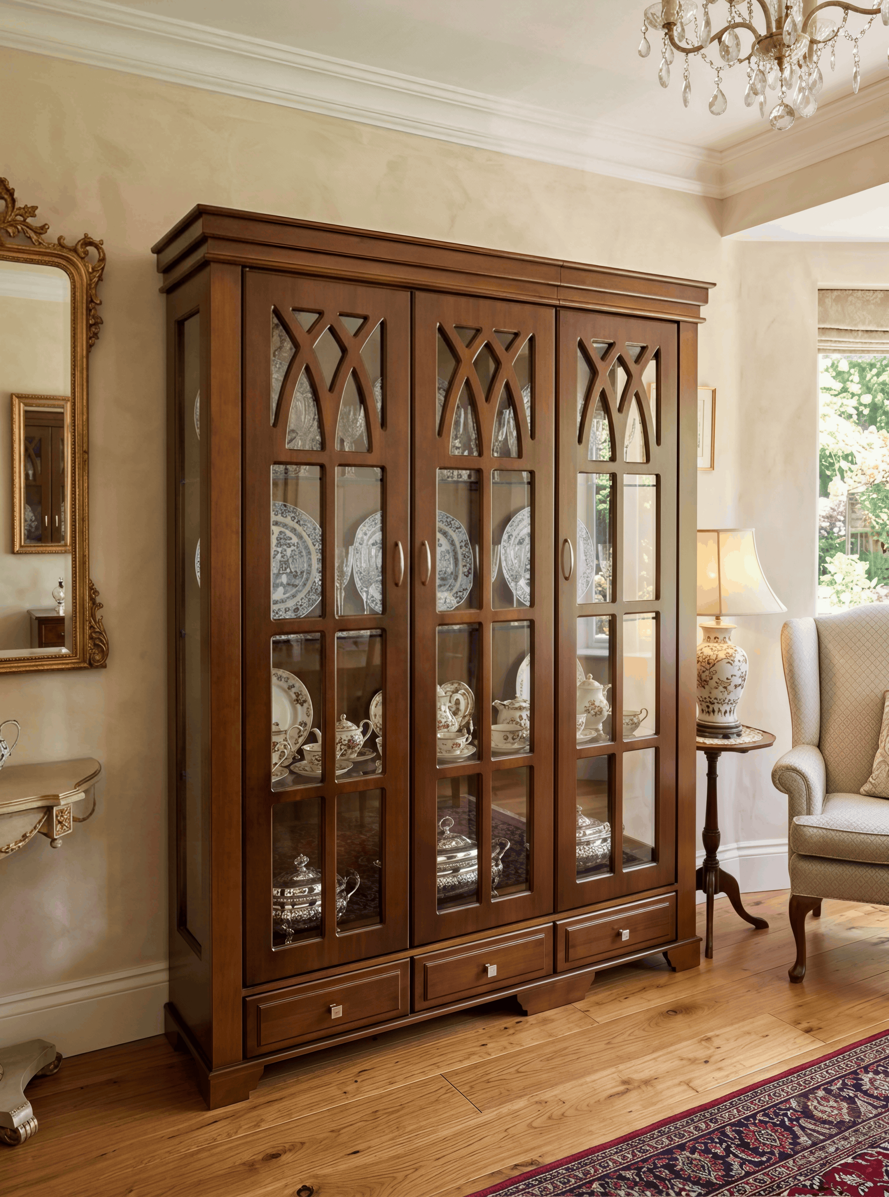 Classic 3-Door Gothic Wooden Crockery Cabinet with Glass Display & Drawers