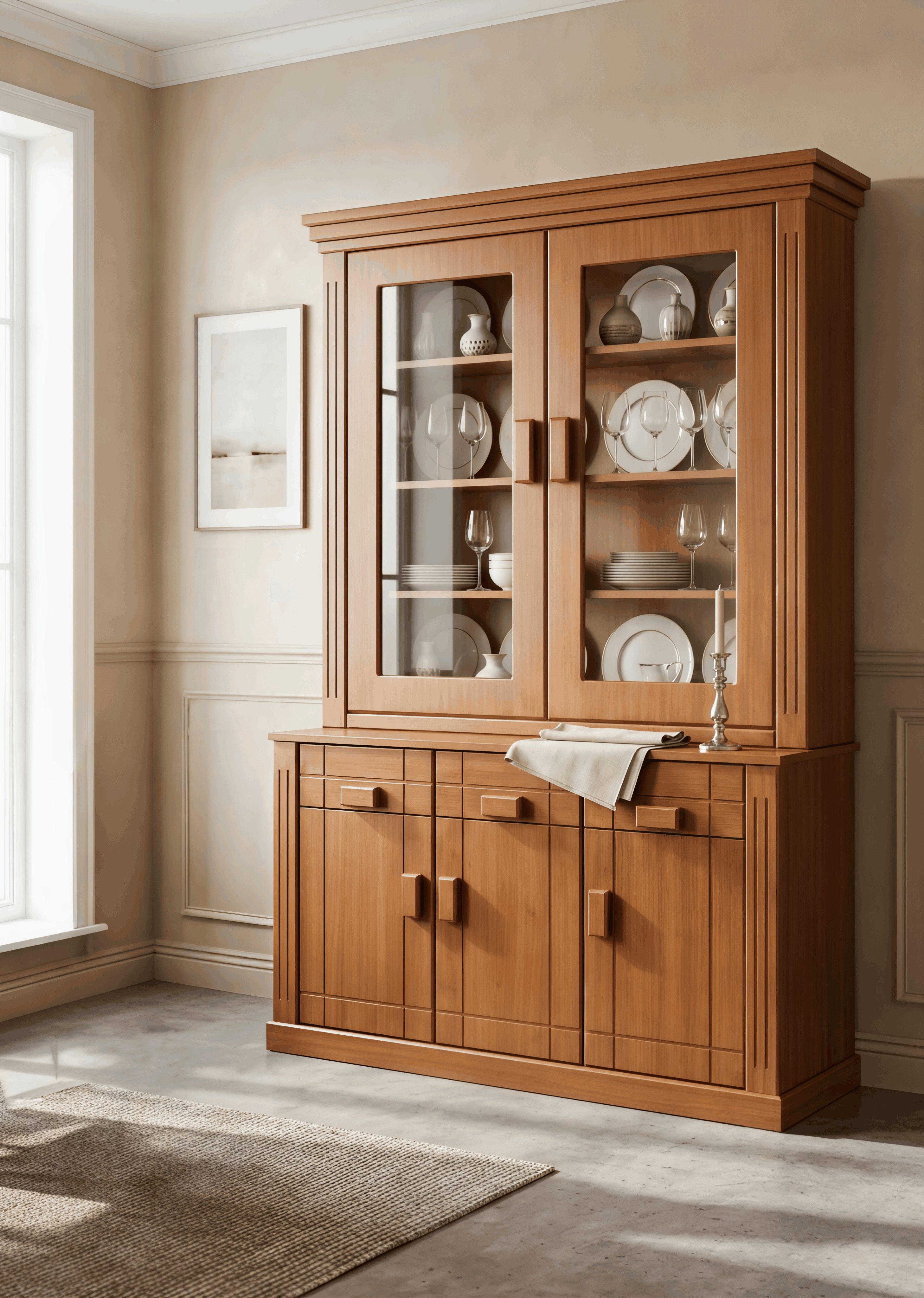 Classic Honey-Walnut Crockery Unit with Glass Doors