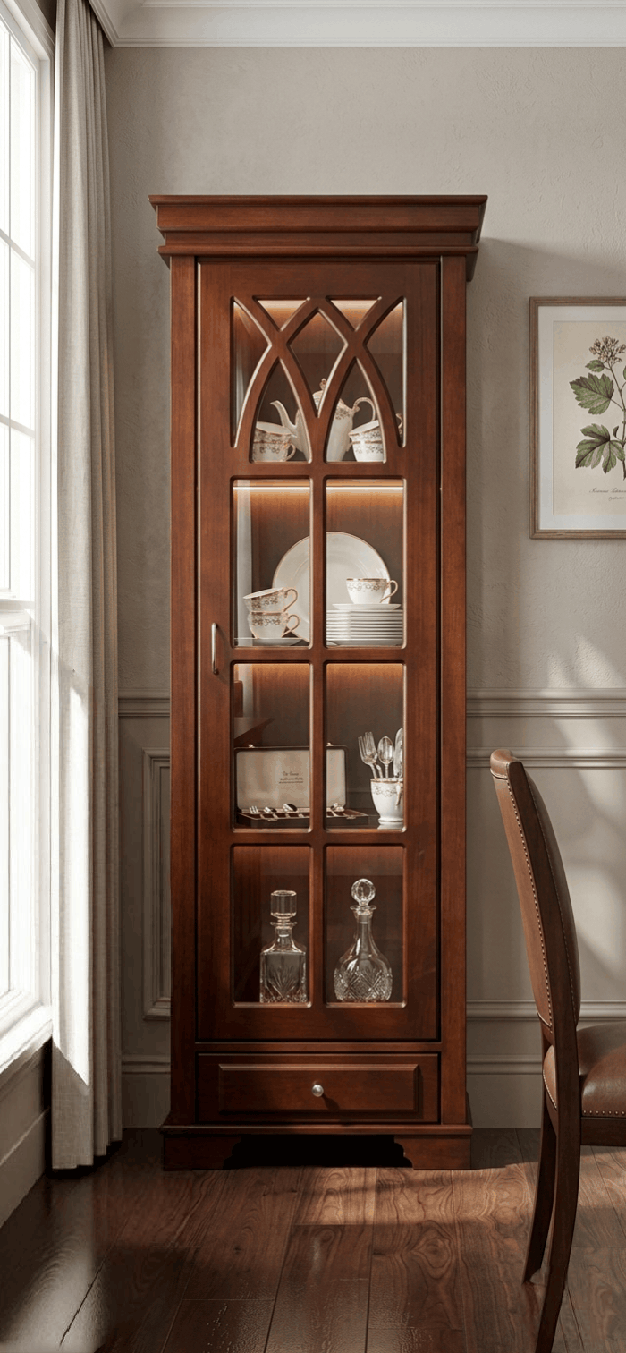Classic Dark Walnut Glass Display Cabinet with Bottom Drawer