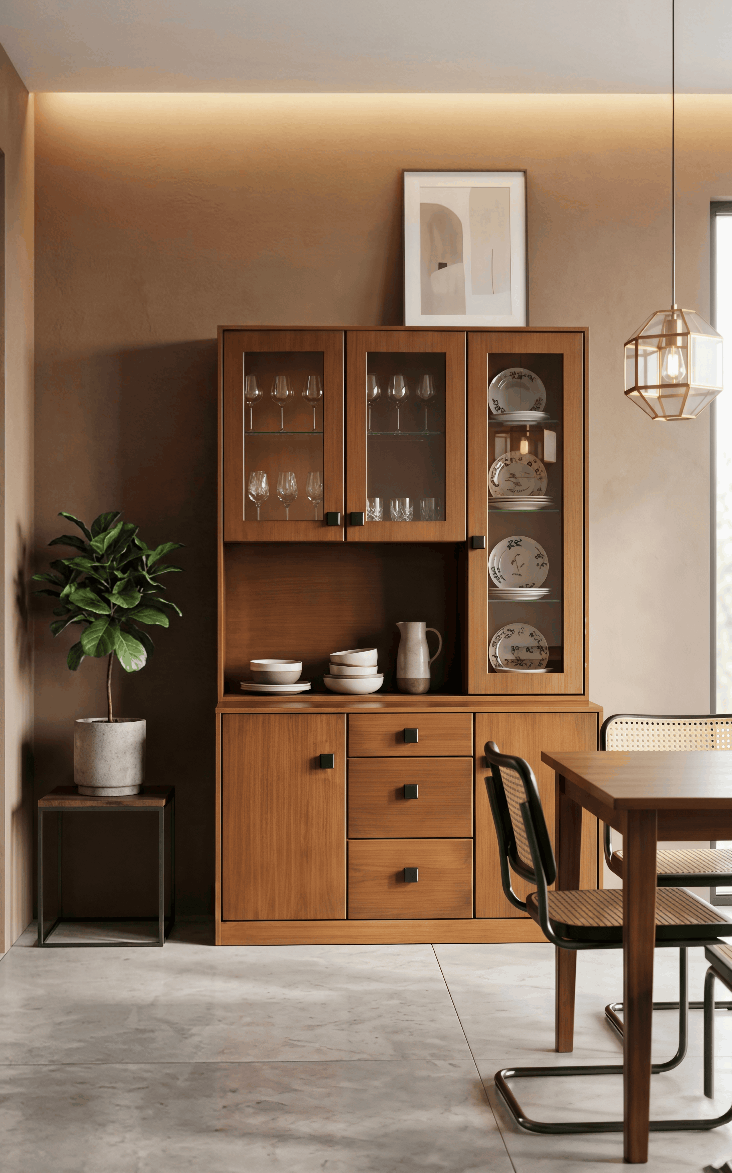 Modern Walnut Crockery Unit with Glass Display Cabinets