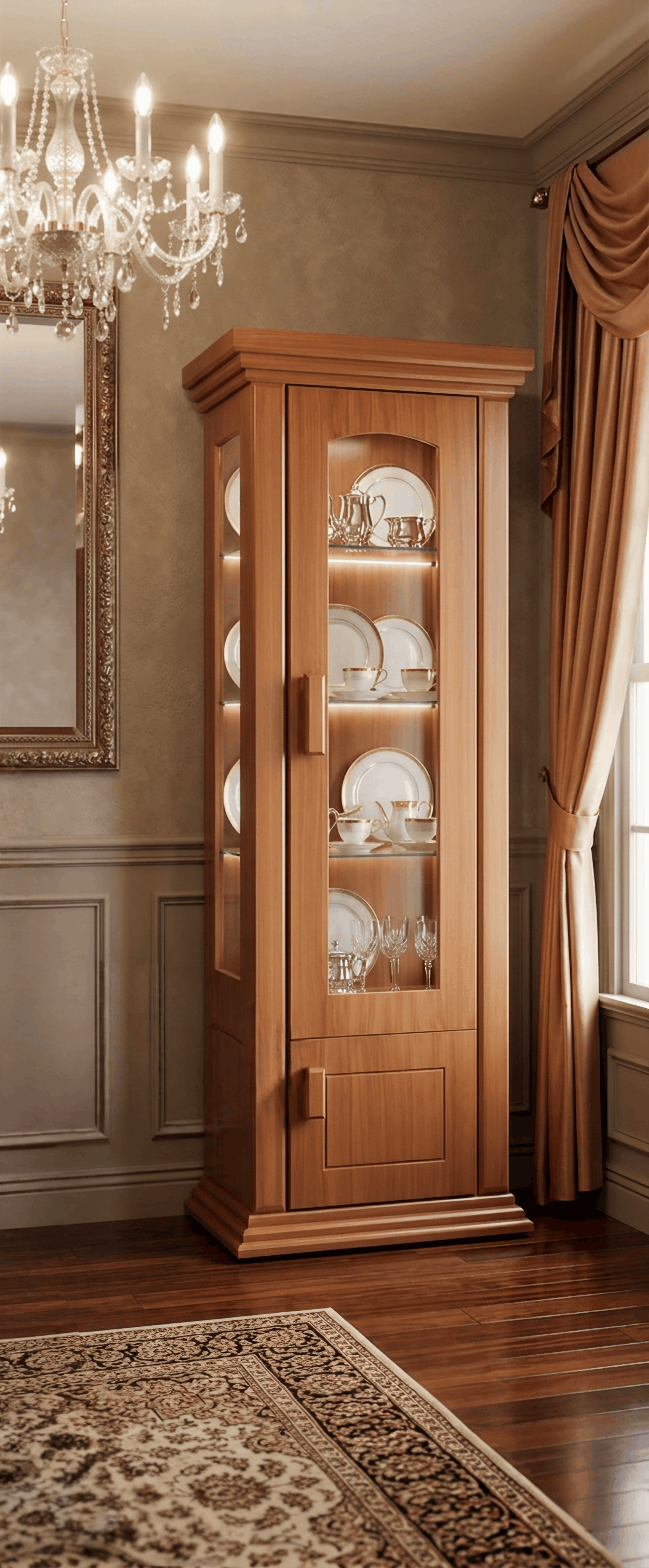 Classic Honey-Walnut Display Cabinet with Glass Door