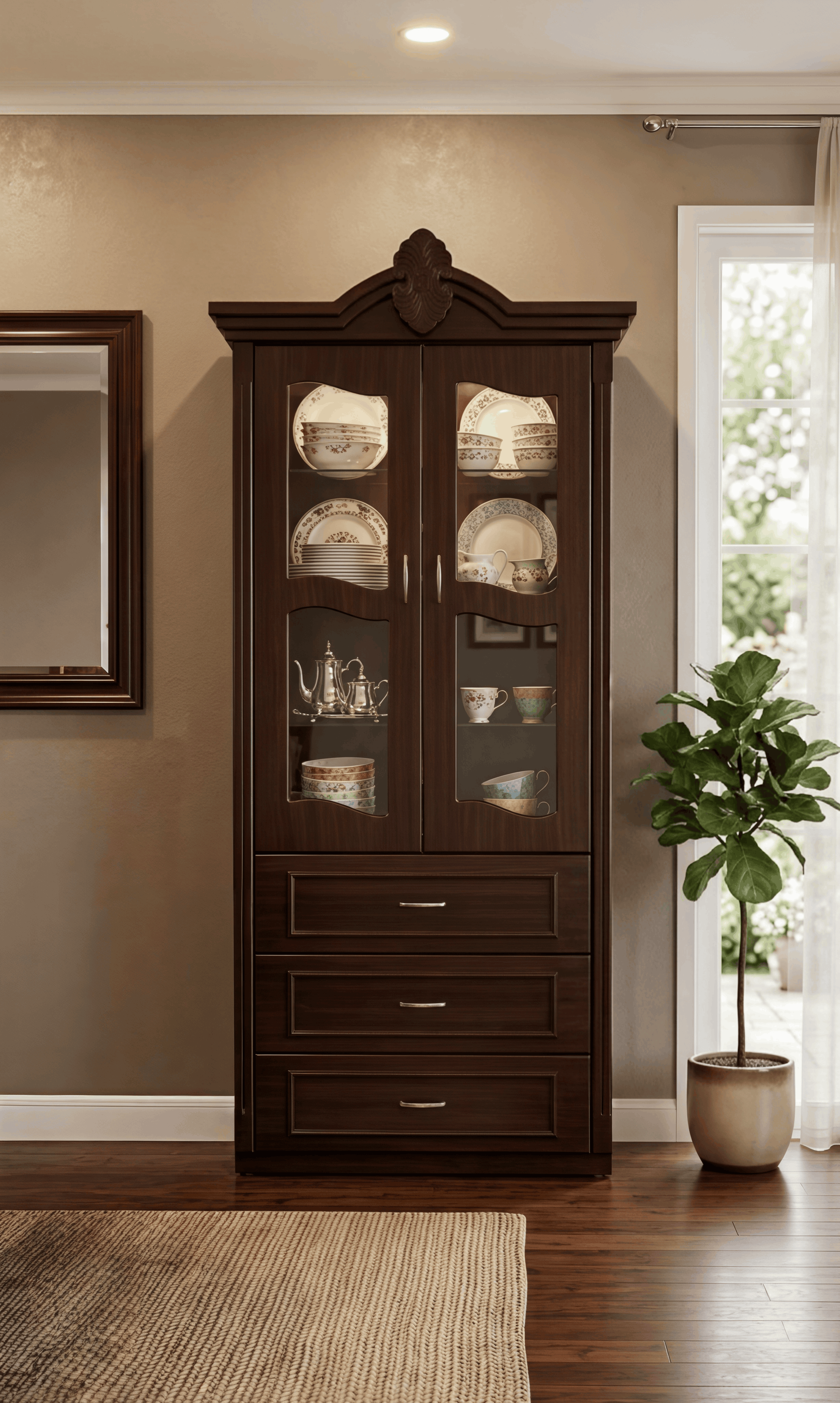 Classic Dark Walnut Crockery Display Cabinet