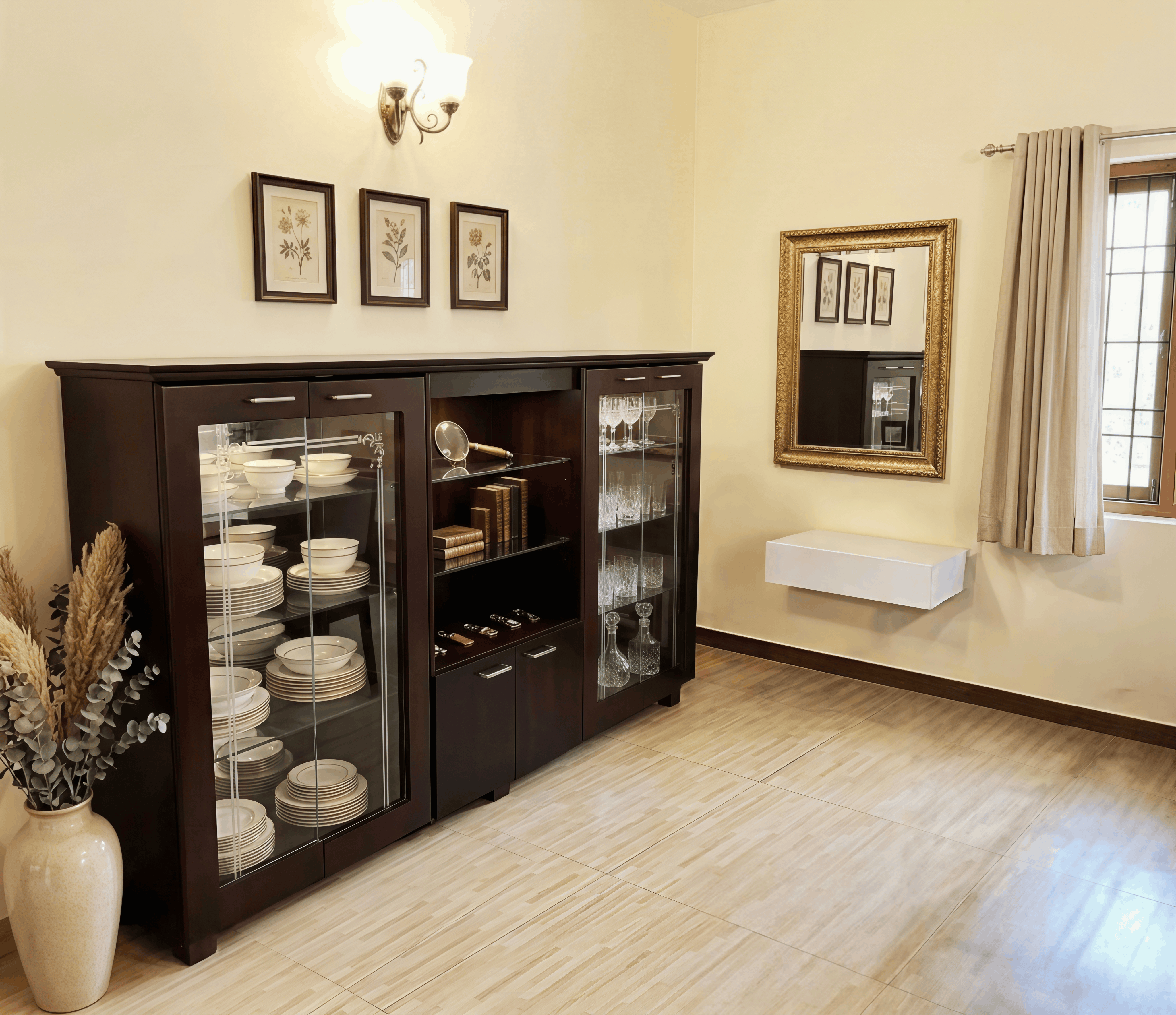 Modern Dark Walnut Crockery Unit with Glass Display Cabinets