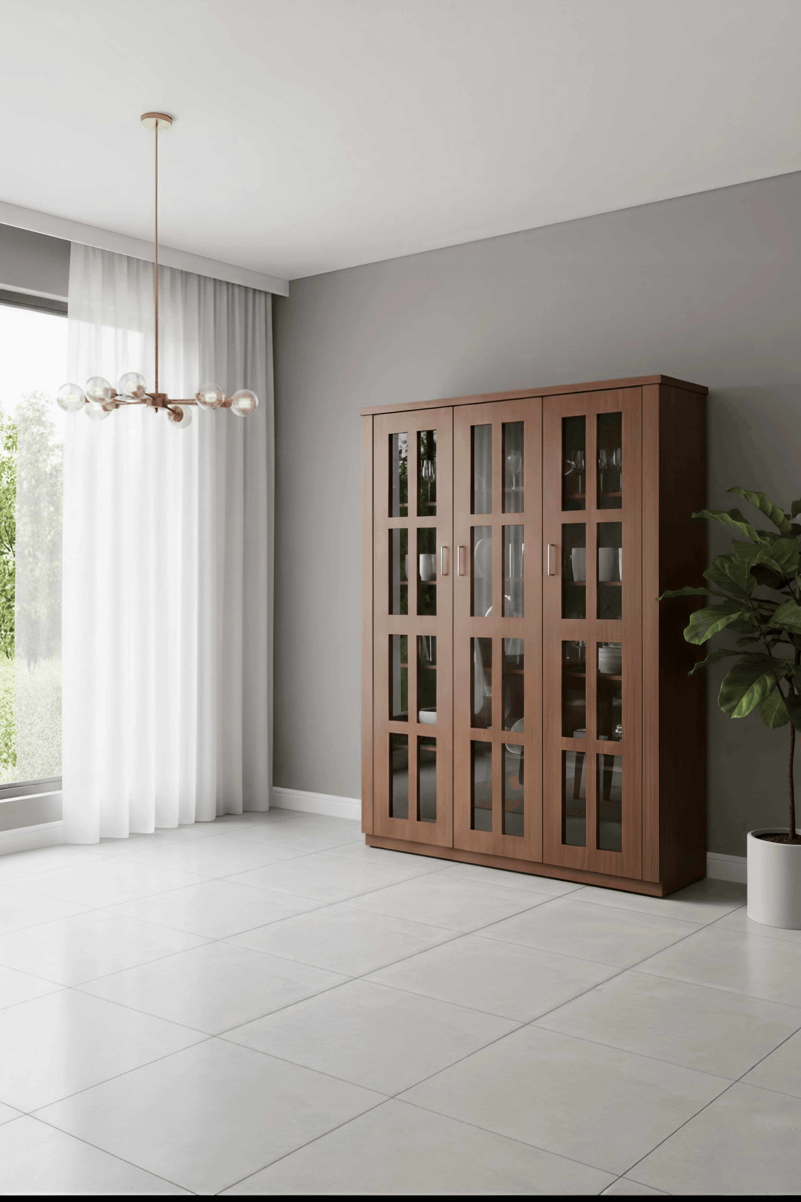 Walnut 3-Door Grid-Pane Glass Display Cabinet
