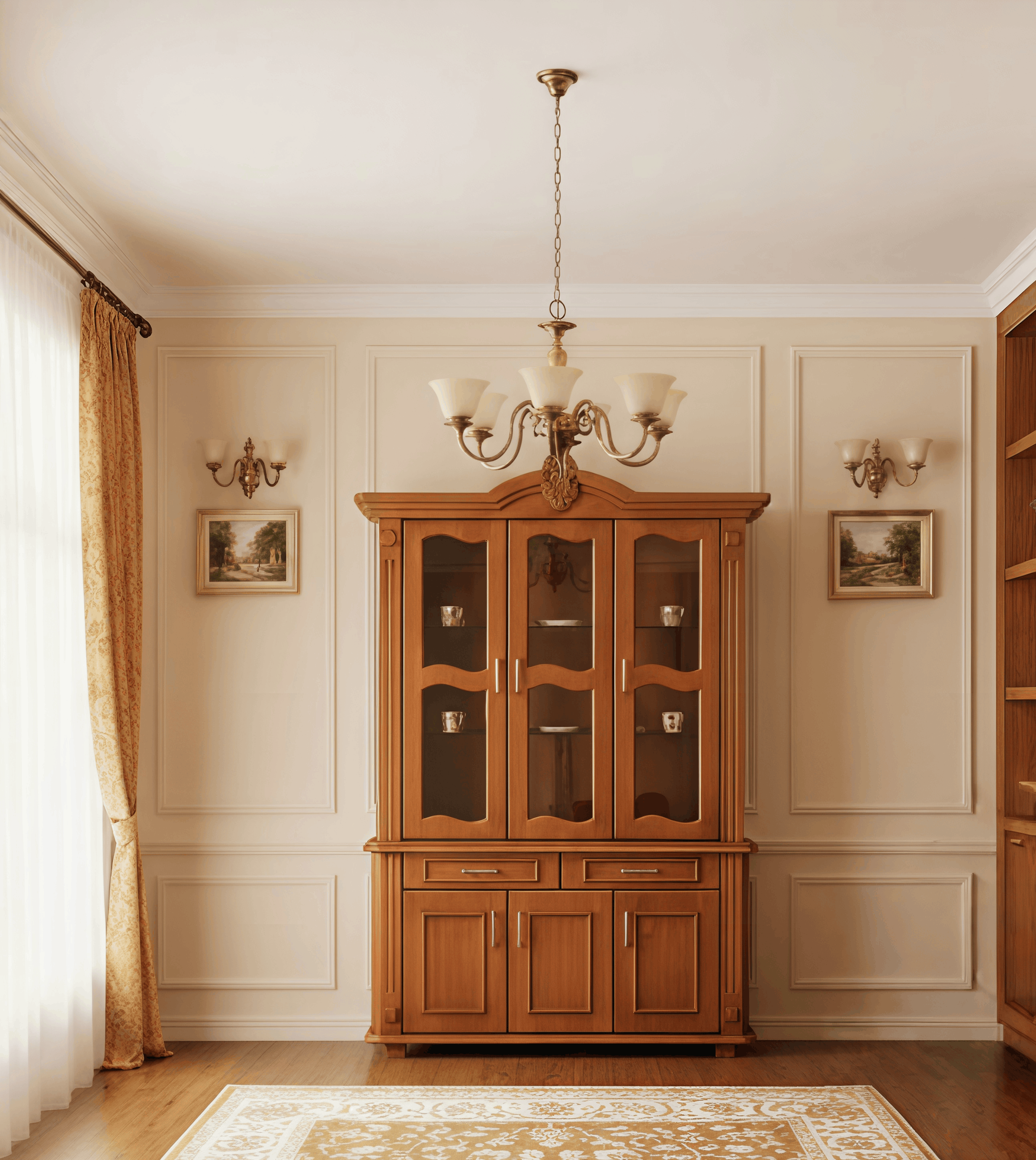 Classic Honey Oak Display Cabinet with Arched Crown & Lower Storage