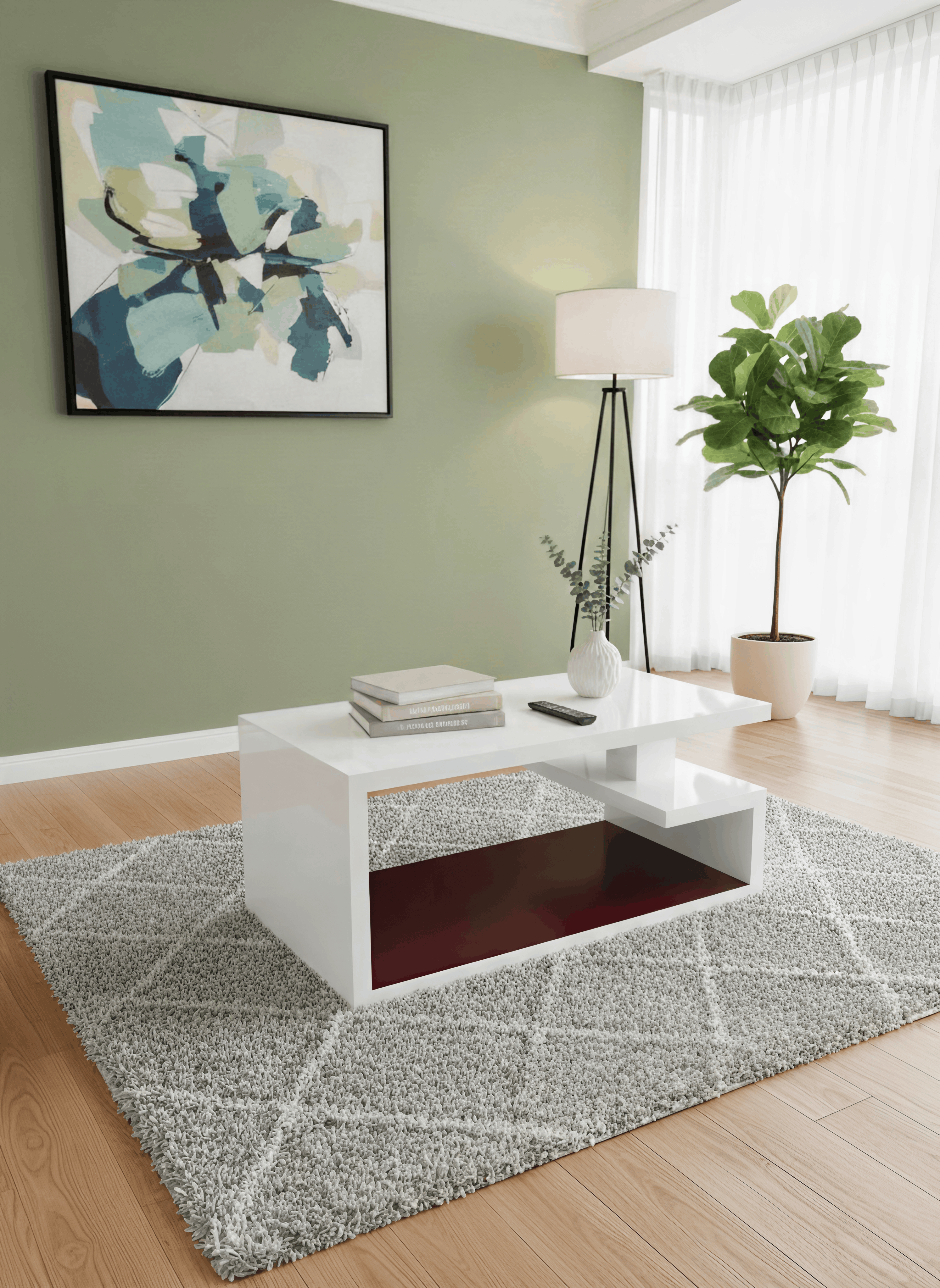 Modern High-Gloss White Asymmetric Coffee Table with Open Storage
