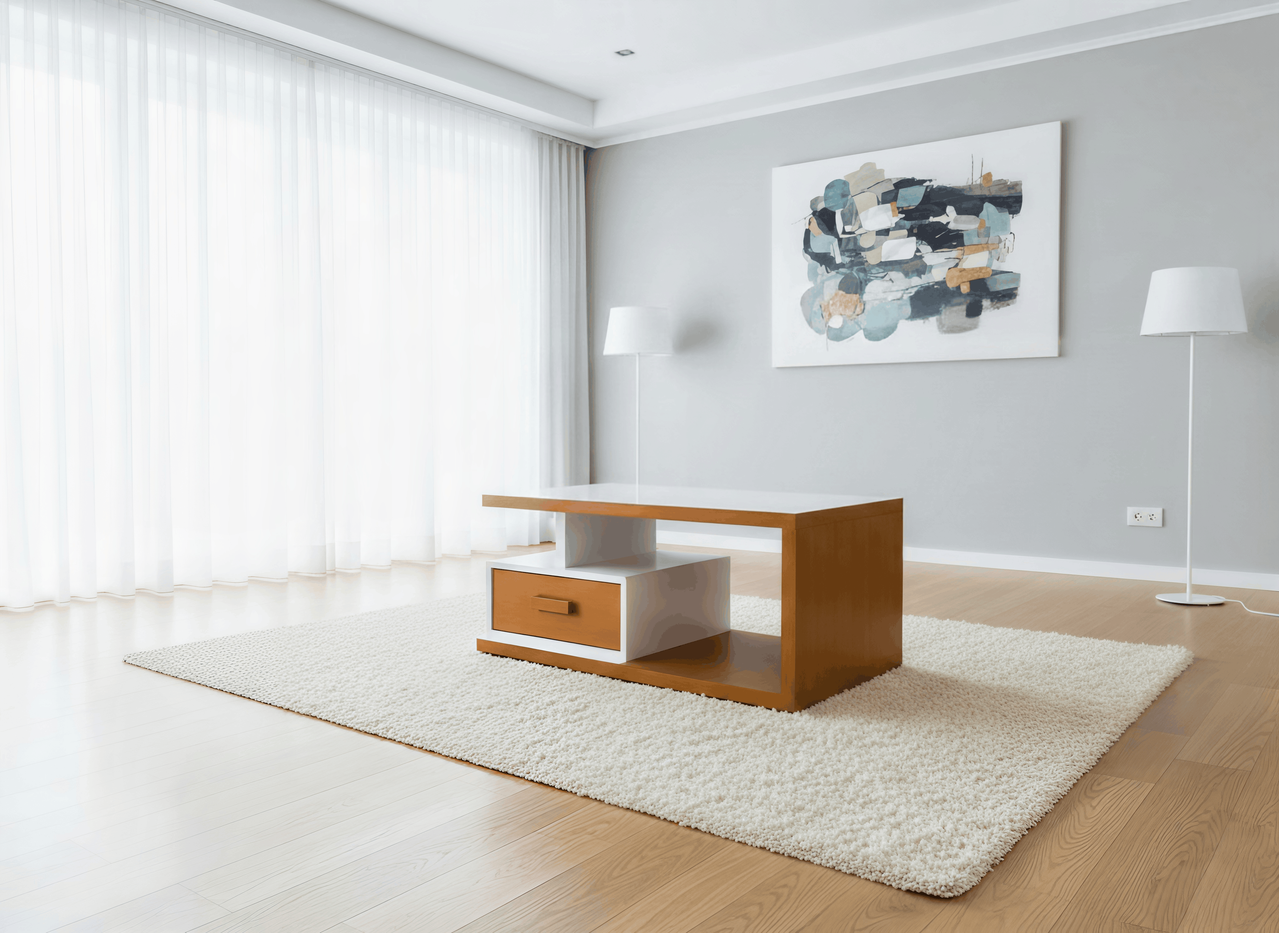 Two-Tone Honey Wood & White Asymmetric Coffee Table with Drawer