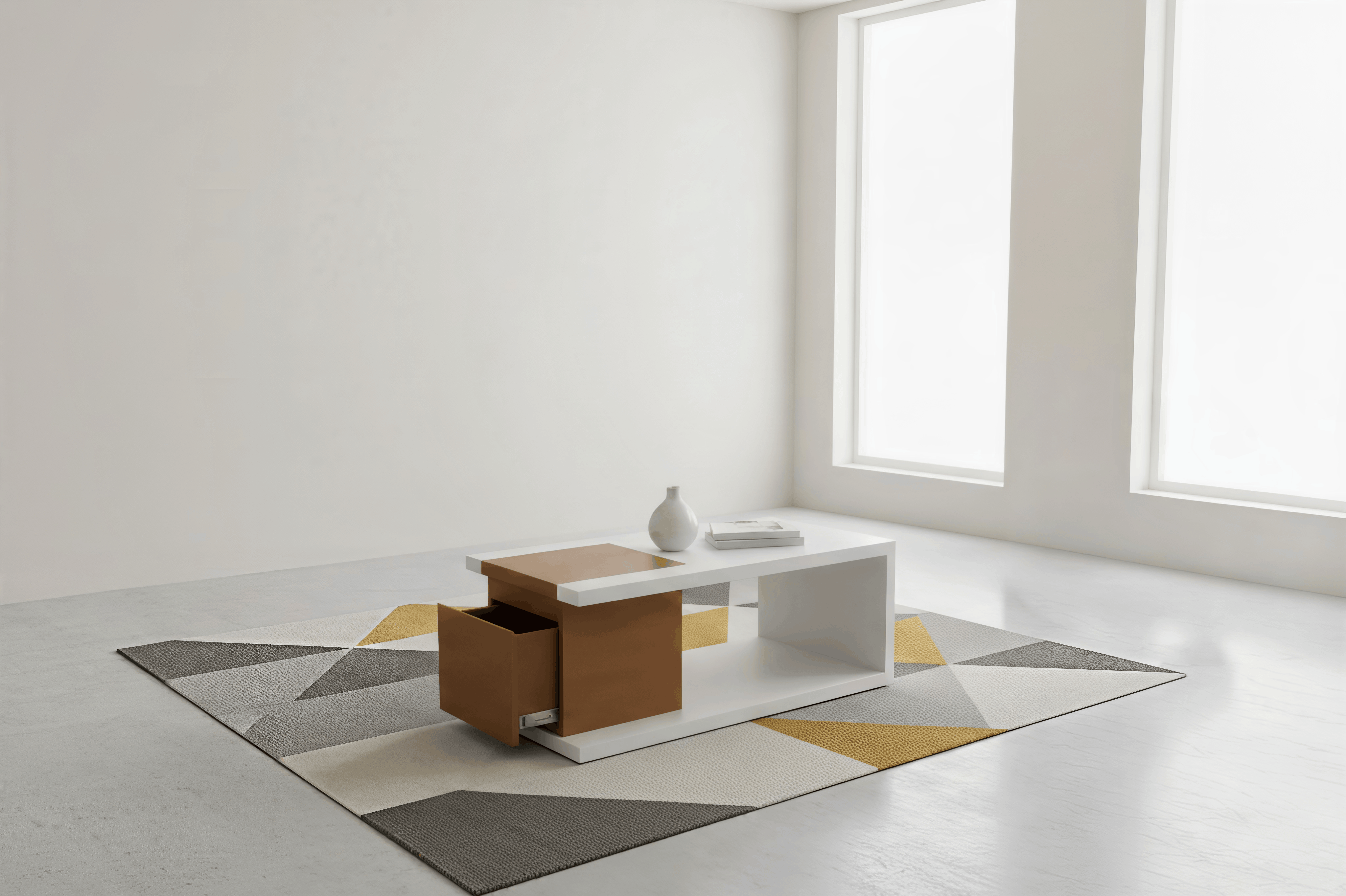 Modern White & Terracotta Coffee Table with Raised Drawer Module