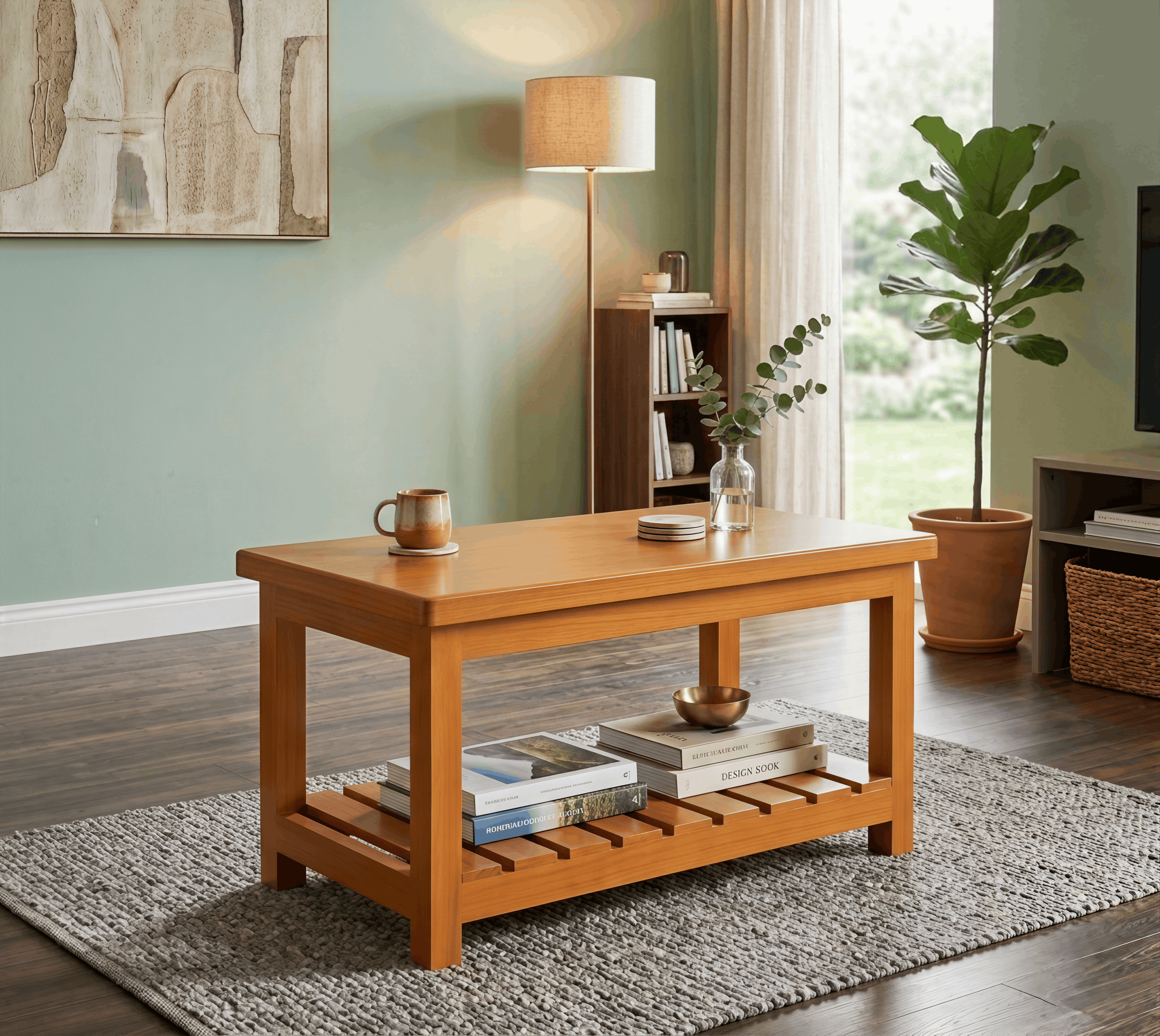 Classic Solid Wood Coffee Table with Slatted Lower Shelf