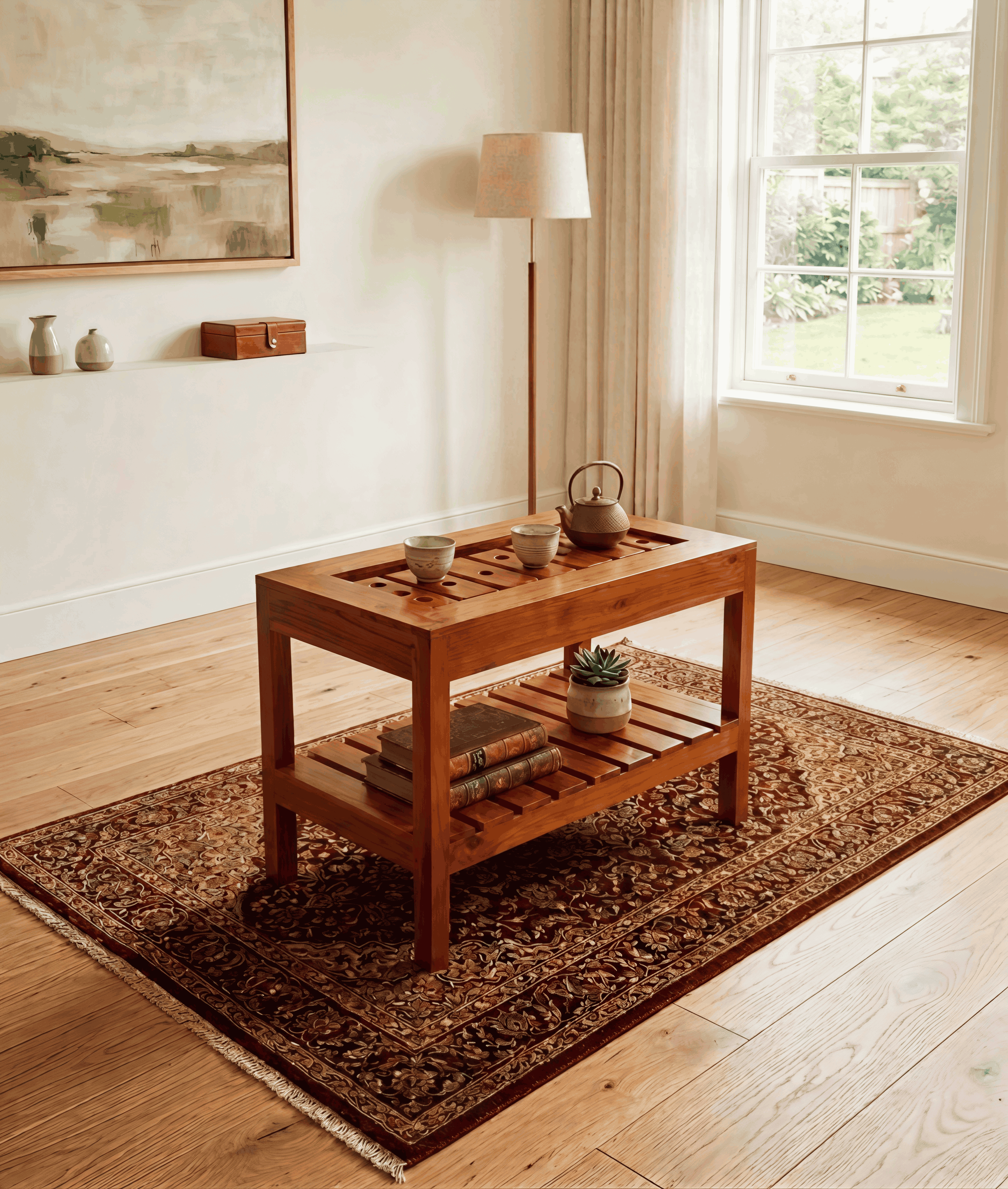 Teak Wood Coffee Table with Cup Holder Tray Top & Storage Shelf